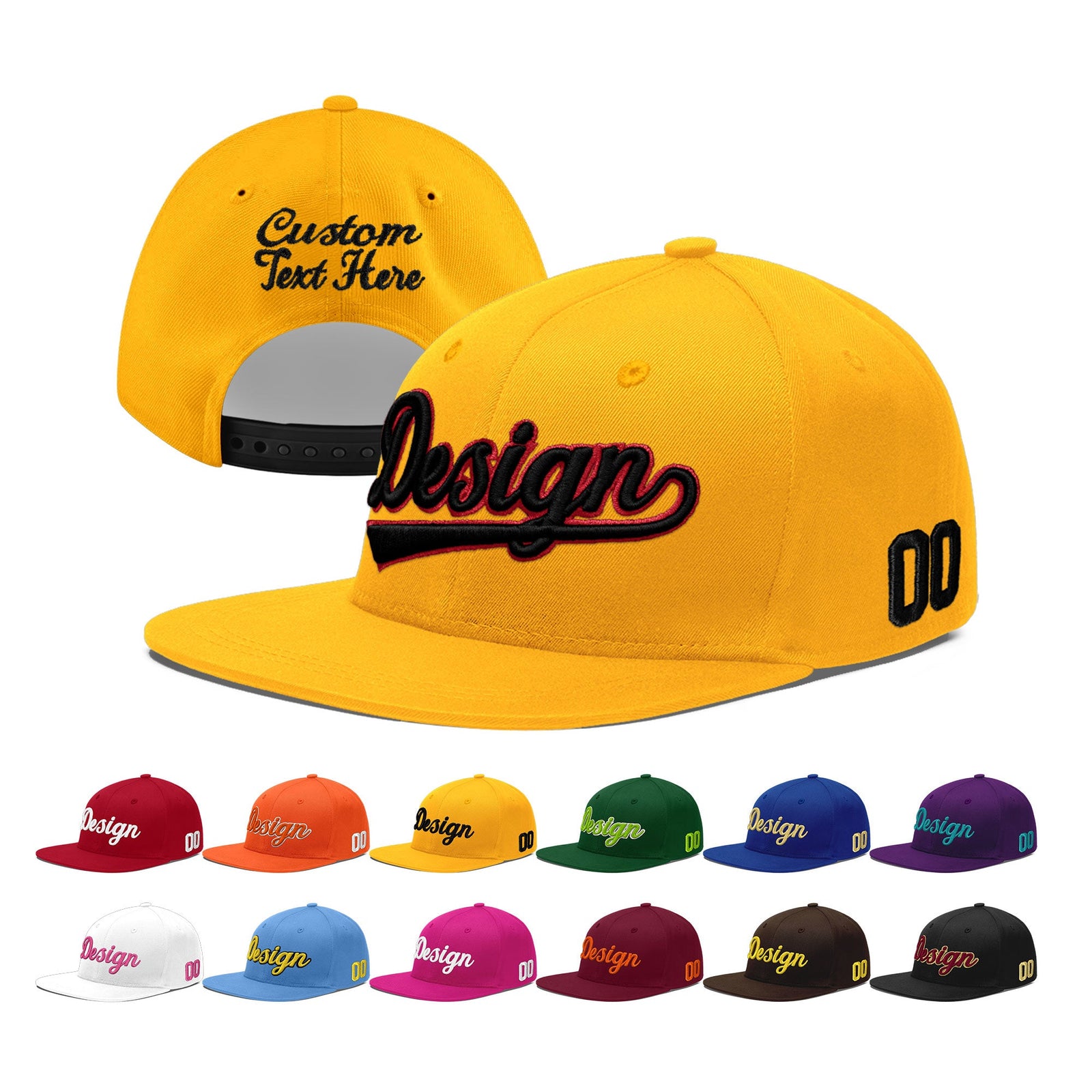 Custom Yellow 3D Puff Embroidery Flat Embroidery Casual Sport Baseball Cap