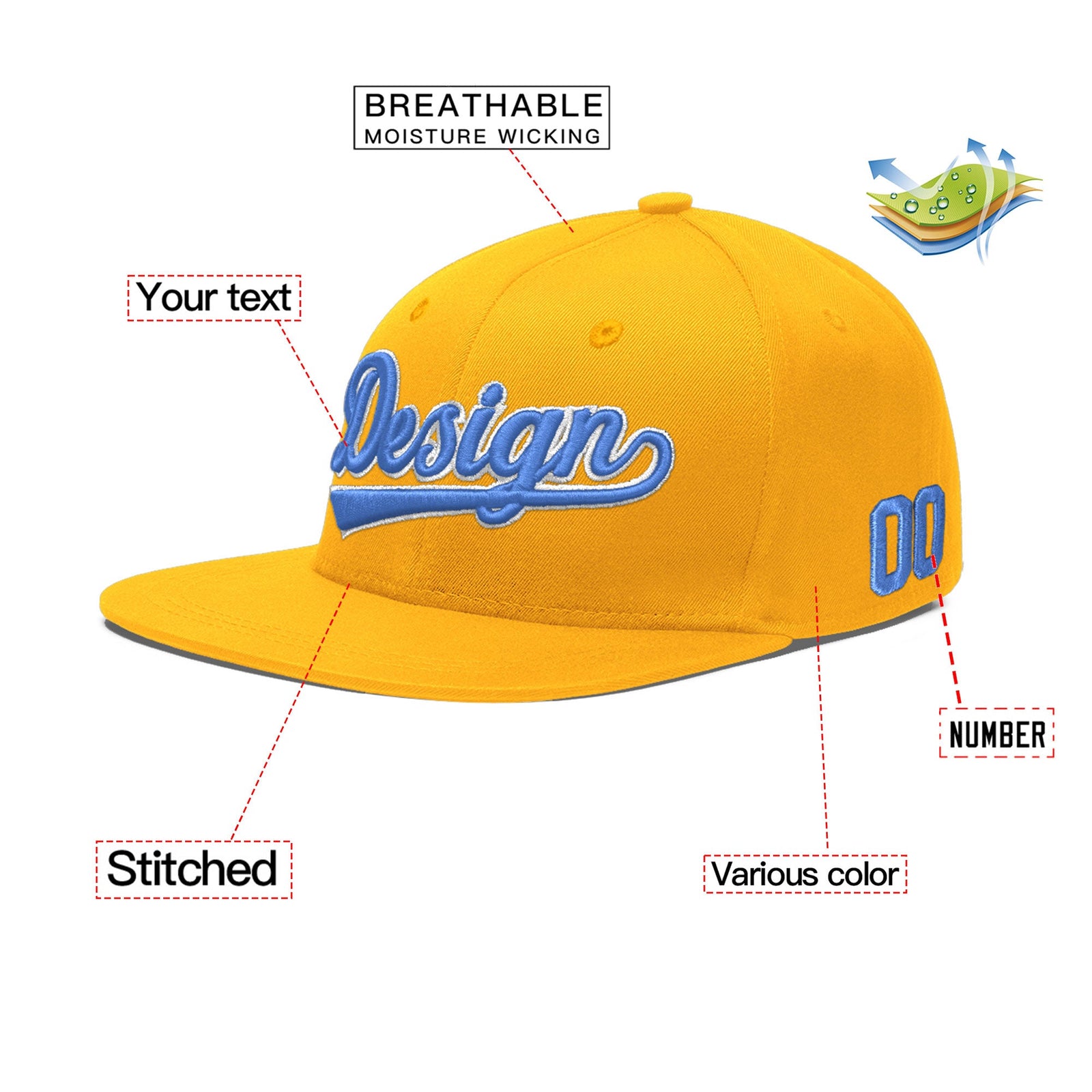 Custom Yellow 3D Puff Embroidery Flat Embroidery Casual Sport Baseball Cap