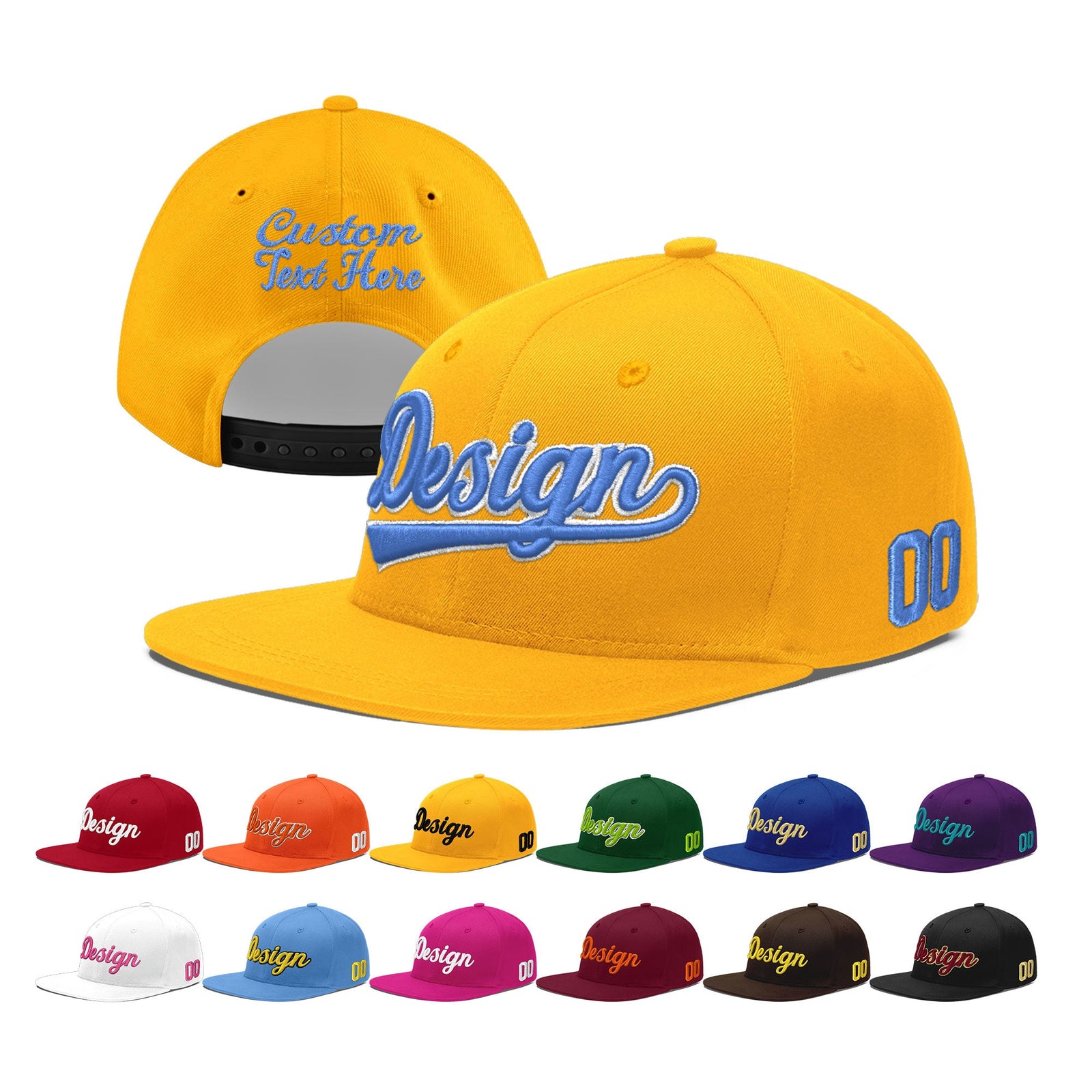 Custom Yellow 3D Puff Embroidery Flat Embroidery Casual Sport Baseball Cap
