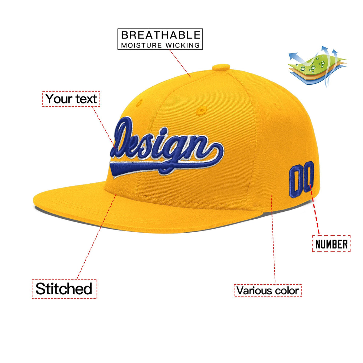 Custom Yellow 3D Puff Embroidery Flat Embroidery Casual Sport Baseball Cap