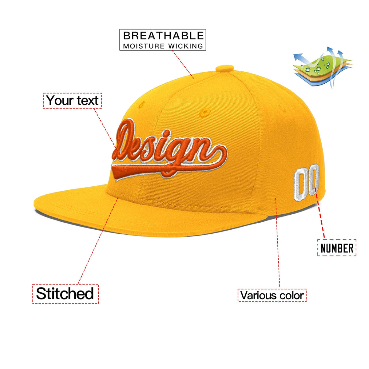 Custom Yellow 3D Puff Embroidery Flat Embroidery Casual Sport Baseball Cap