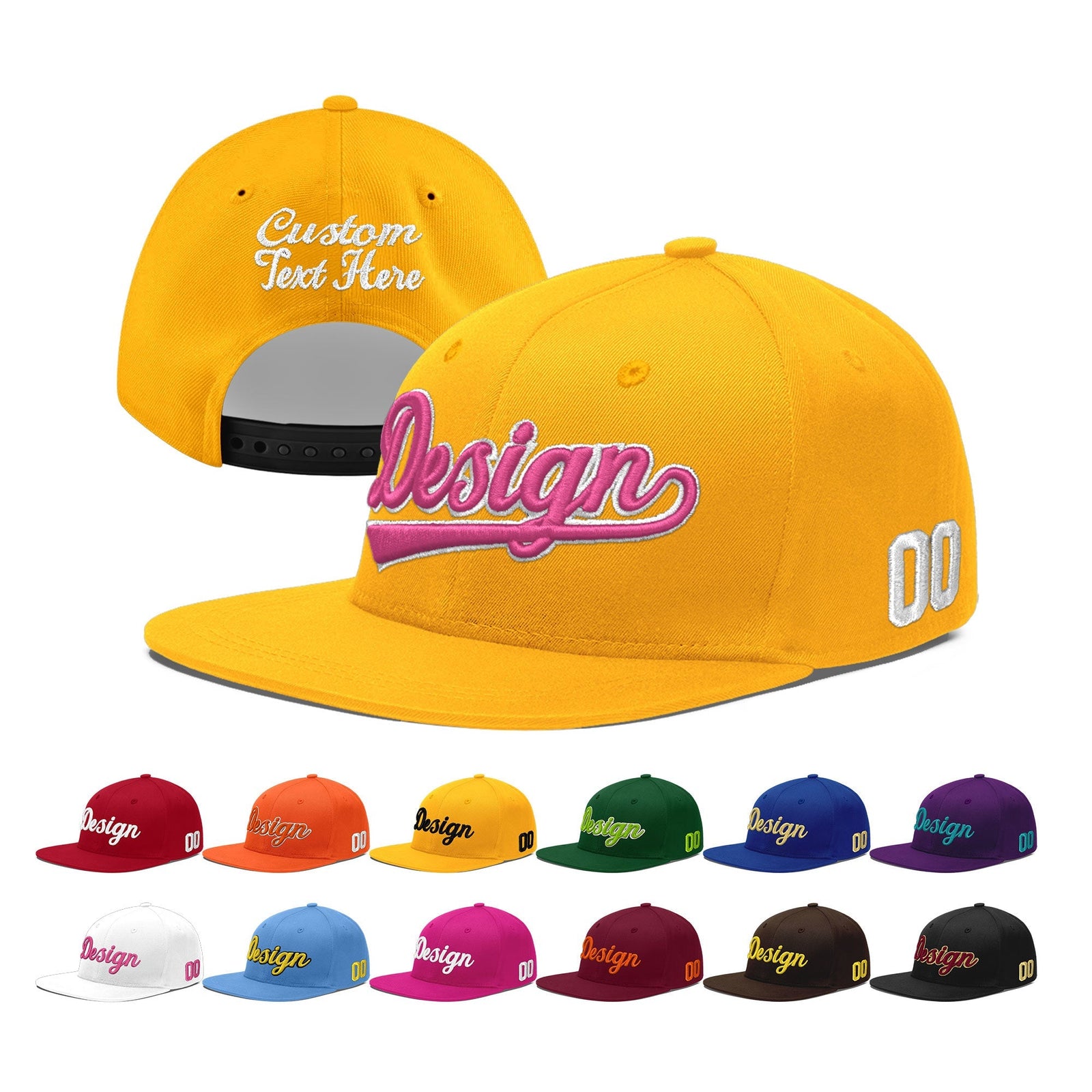 Custom Yellow 3D Puff Embroidery Flat Embroidery Casual Sport Baseball Cap