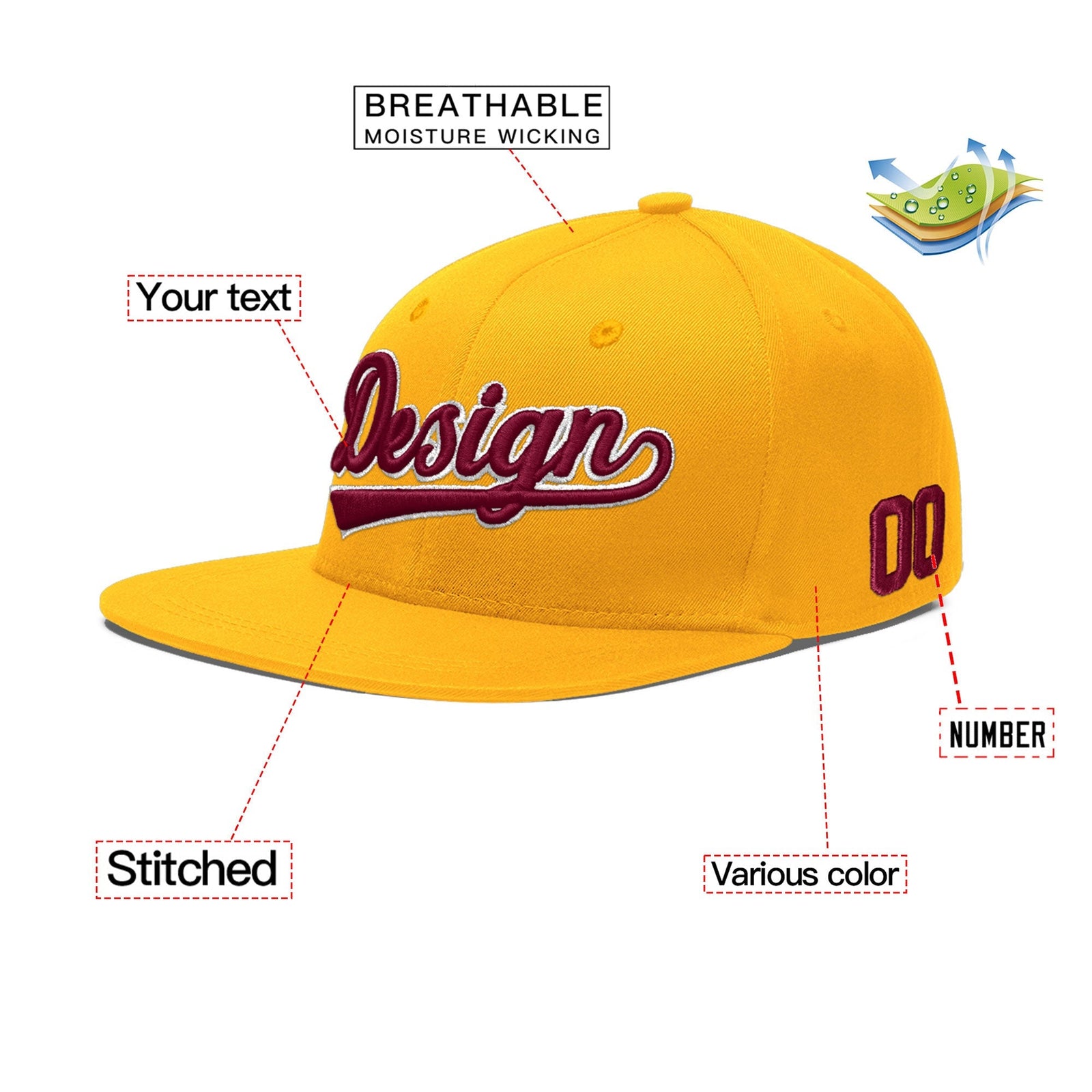 Custom Yellow 3D Puff Embroidery Flat Embroidery Casual Sport Baseball Cap