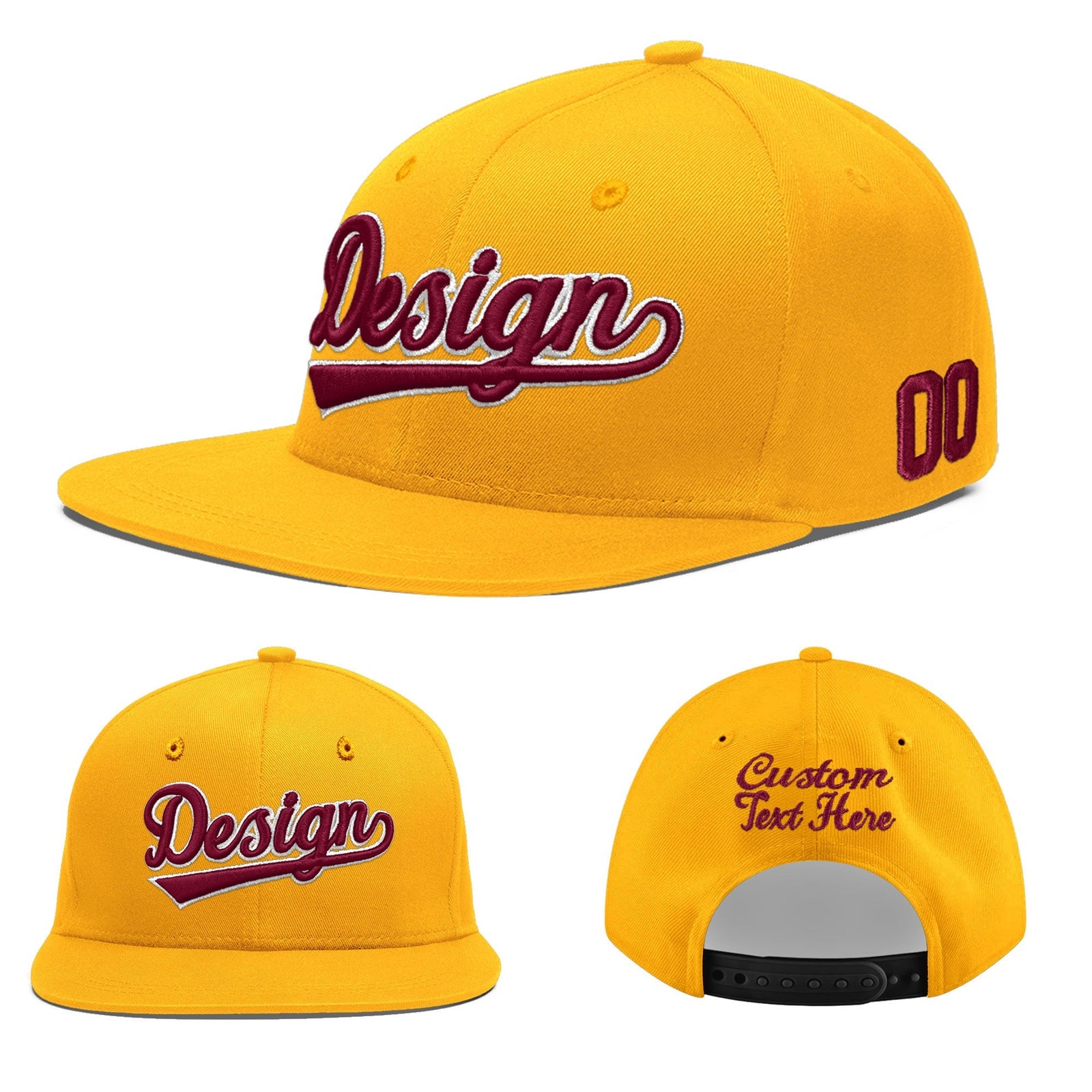 Custom Yellow 3D Puff Embroidery Flat Embroidery Casual Sport Baseball Cap