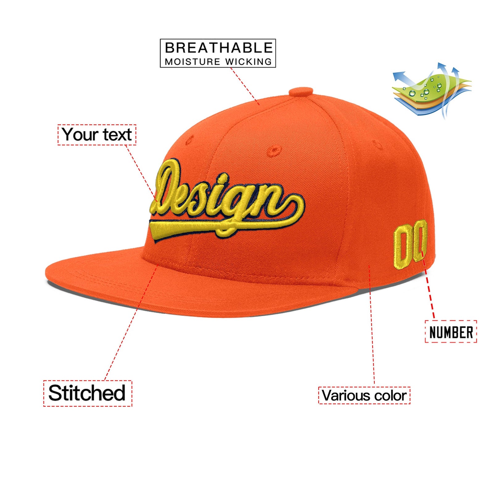 Custom Orange 3D Puff Embroidery Flat Embroidery Casual Sport Baseball Cap