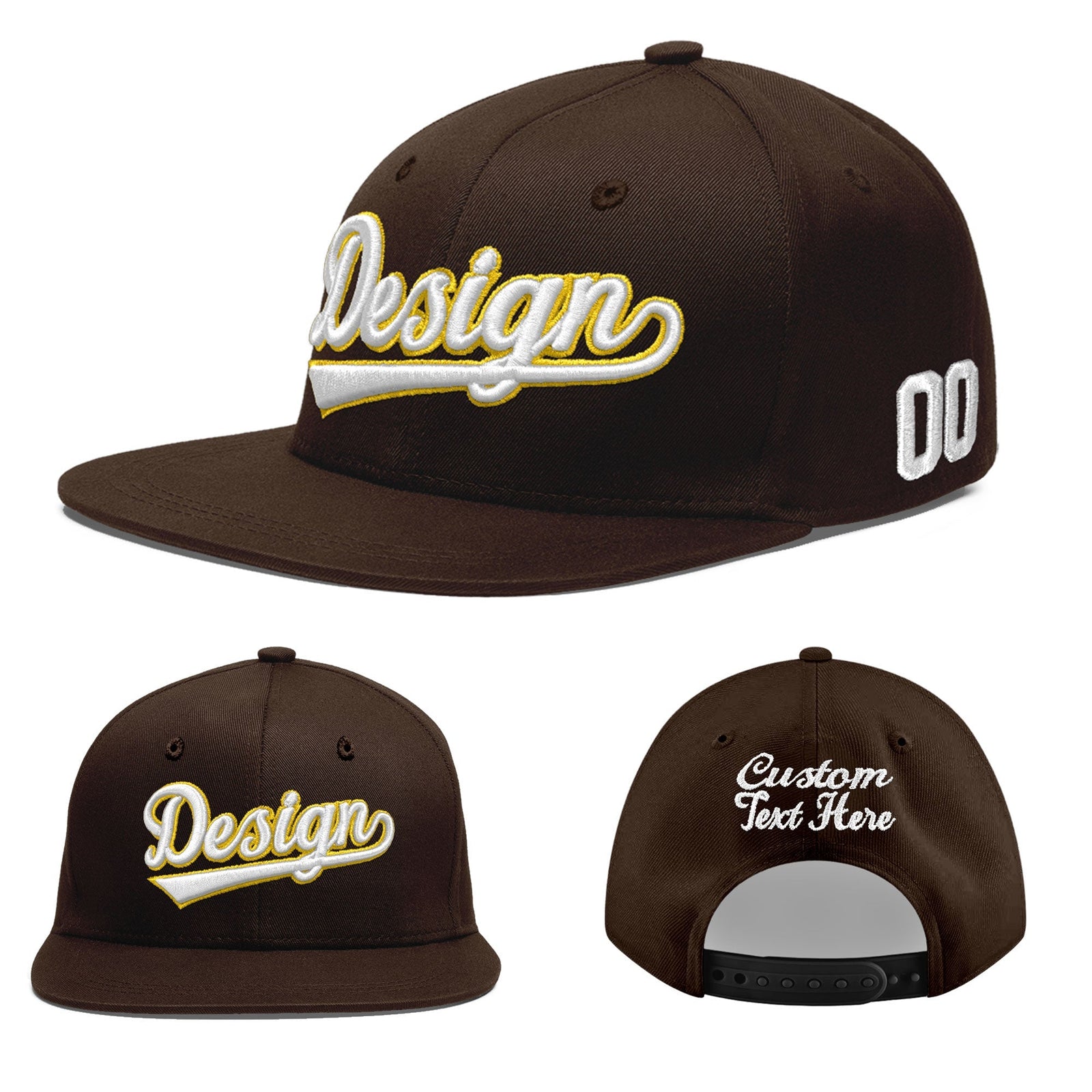 Custom Brown 3D Puff Embroidery Flat Embroidery Casual Sport Baseball Cap