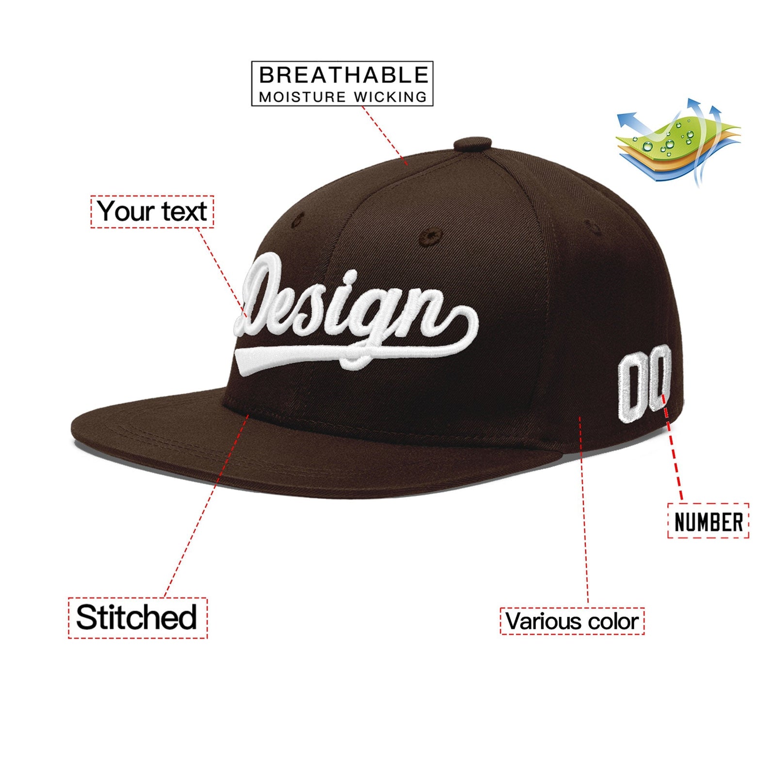 Custom Brown 3D Puff Embroidery Flat Embroidery Casual Sport Baseball Cap