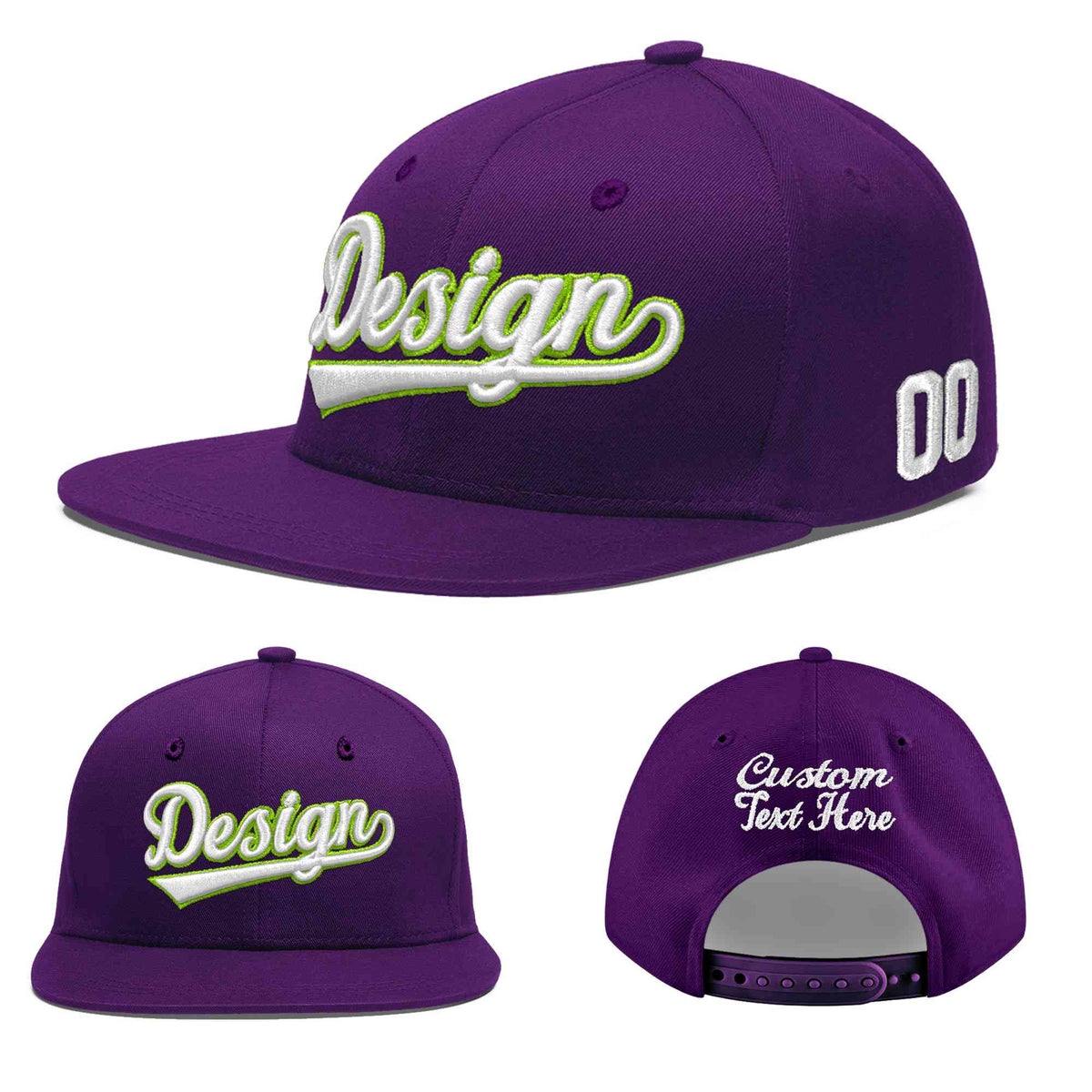 Custom Purple 3D Puff Embroidery Flat Embroidery Casual Sport Baseball Cap