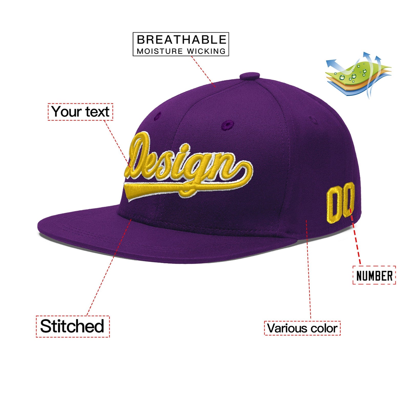 Custom Purple 3D Puff Embroidery Flat Embroidery Casual Sport Baseball Cap