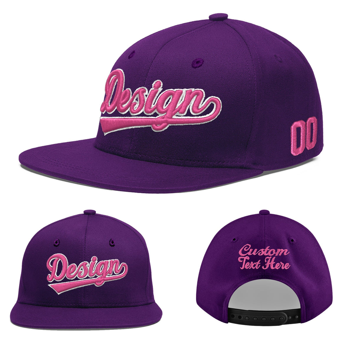 Custom Purple 3D Puff Embroidery Flat Embroidery Casual Sport Baseball Cap