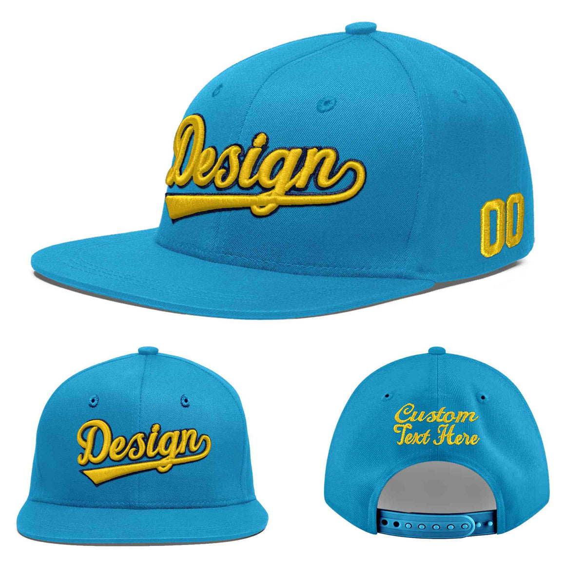 Custom Light Blue 3D Puff Embroidery Flat Embroidery Casual Sport Baseball Cap
