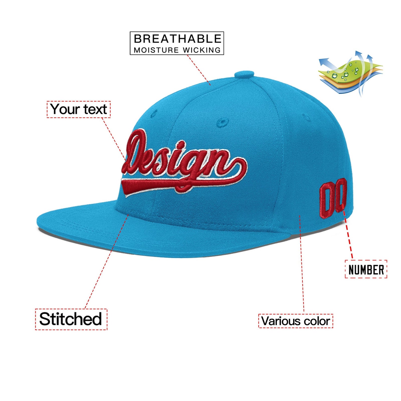 Custom Light Blue 3D Puff Embroidery Flat Embroidery Casual Sport Baseball Cap