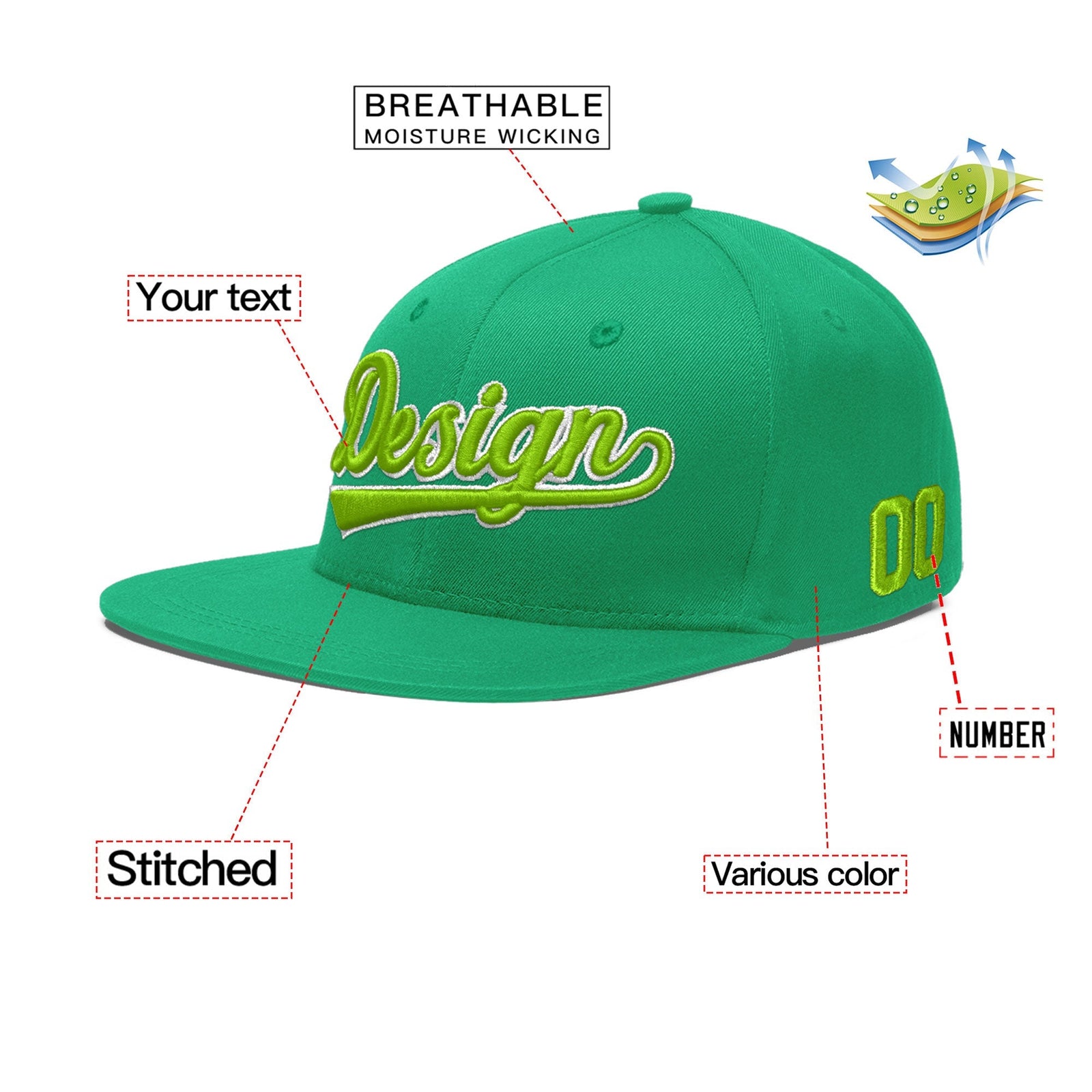 Custom Aqua 3D Puff Embroidery Flat Embroidery Casual Sport Baseball Cap