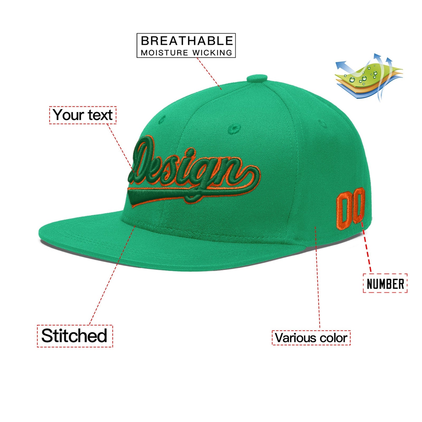 Custom Aqua 3D Puff Embroidery Flat Embroidery Casual Sport Baseball Cap