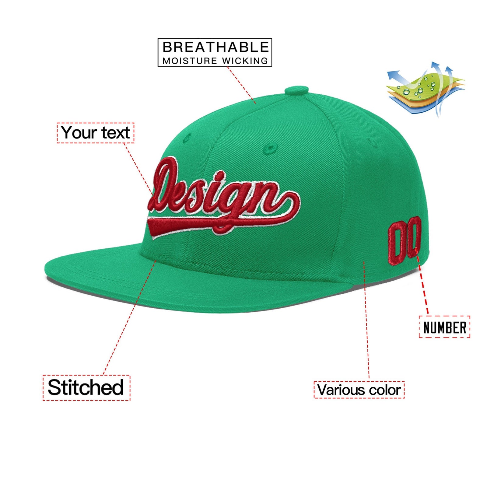 Custom Aqua 3D Puff Embroidery Flat Embroidery Casual Sport Baseball Cap