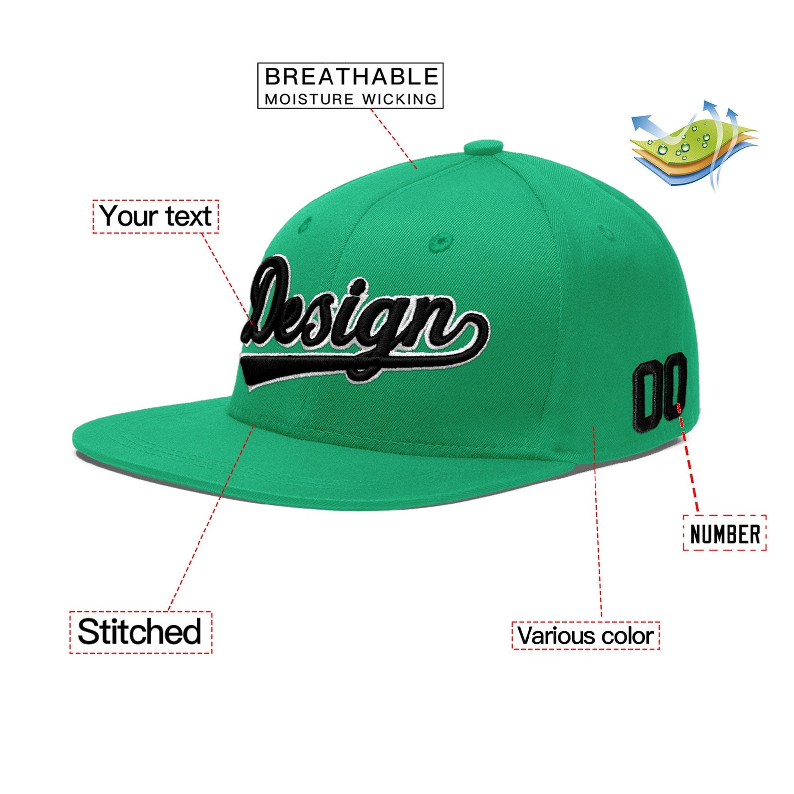 Custom Aqua 3D Puff Embroidery Flat Embroidery Casual Sport Baseball Cap