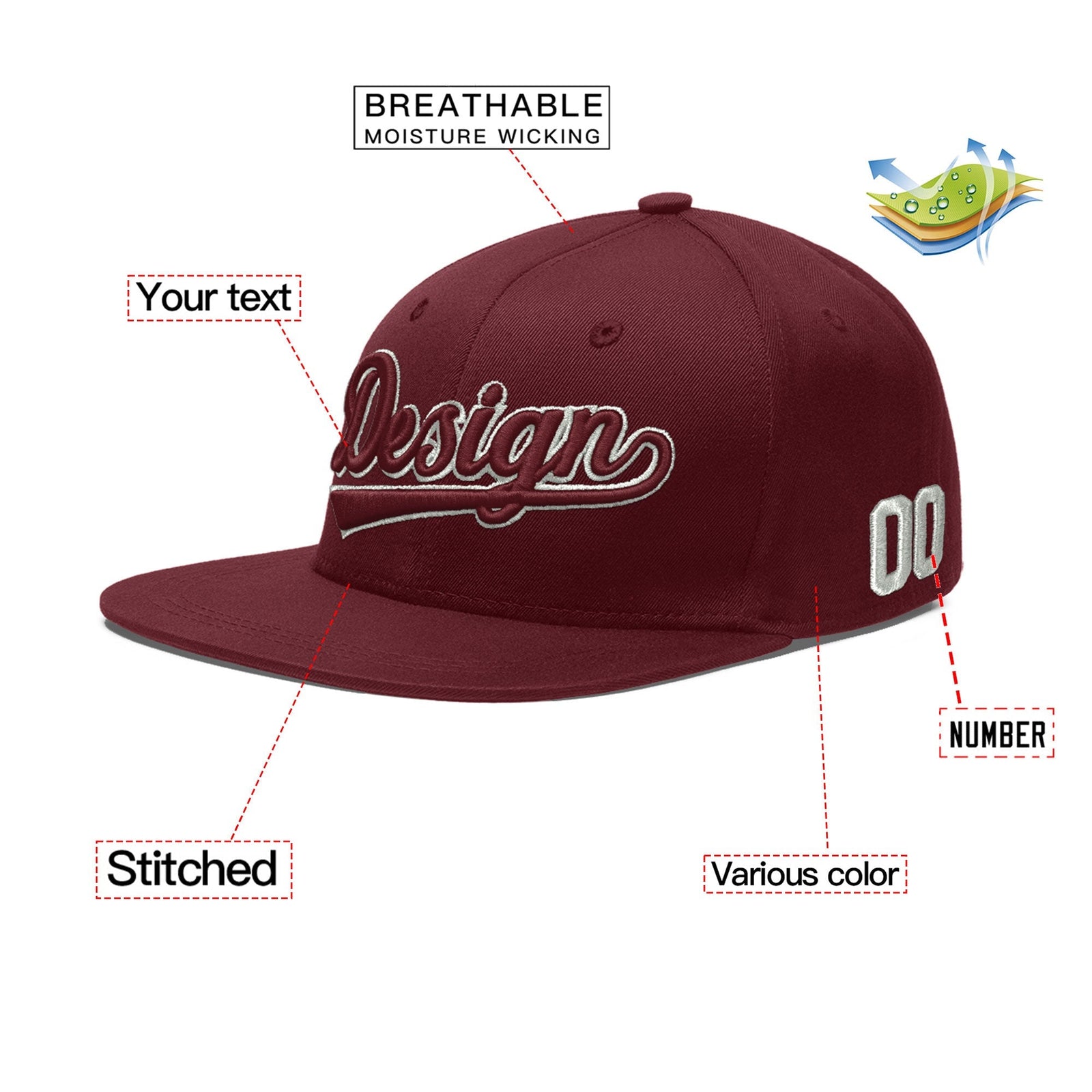 Custom Maroon 3D Puff Embroidery Flat Embroidery Casual Sport Baseball Cap