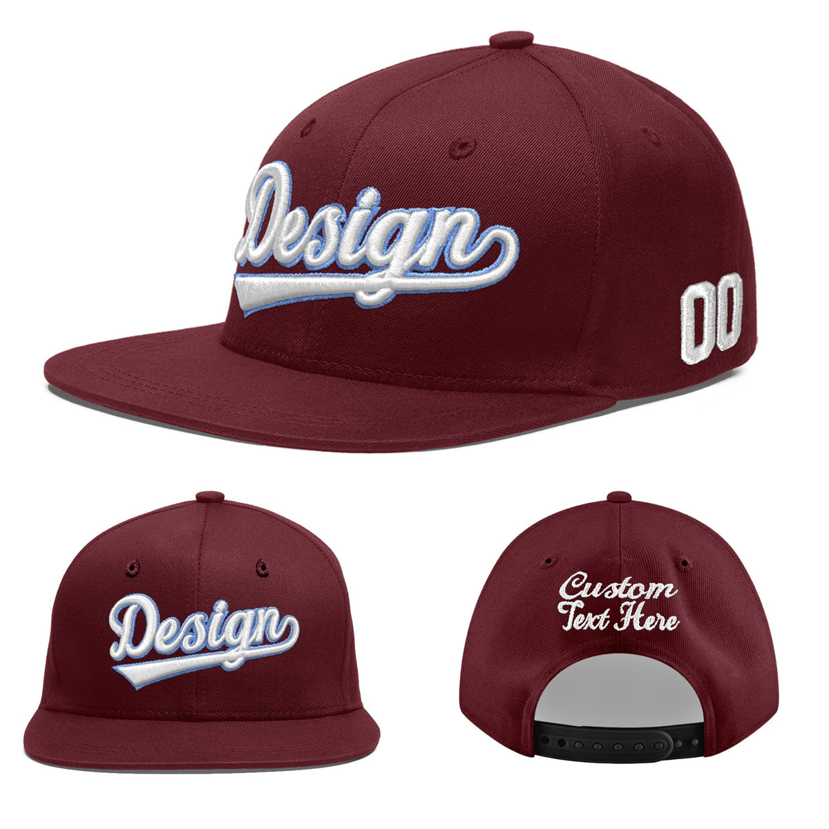 Custom Maroon 3D Puff Embroidery Flat Embroidery Casual Sport Baseball Cap