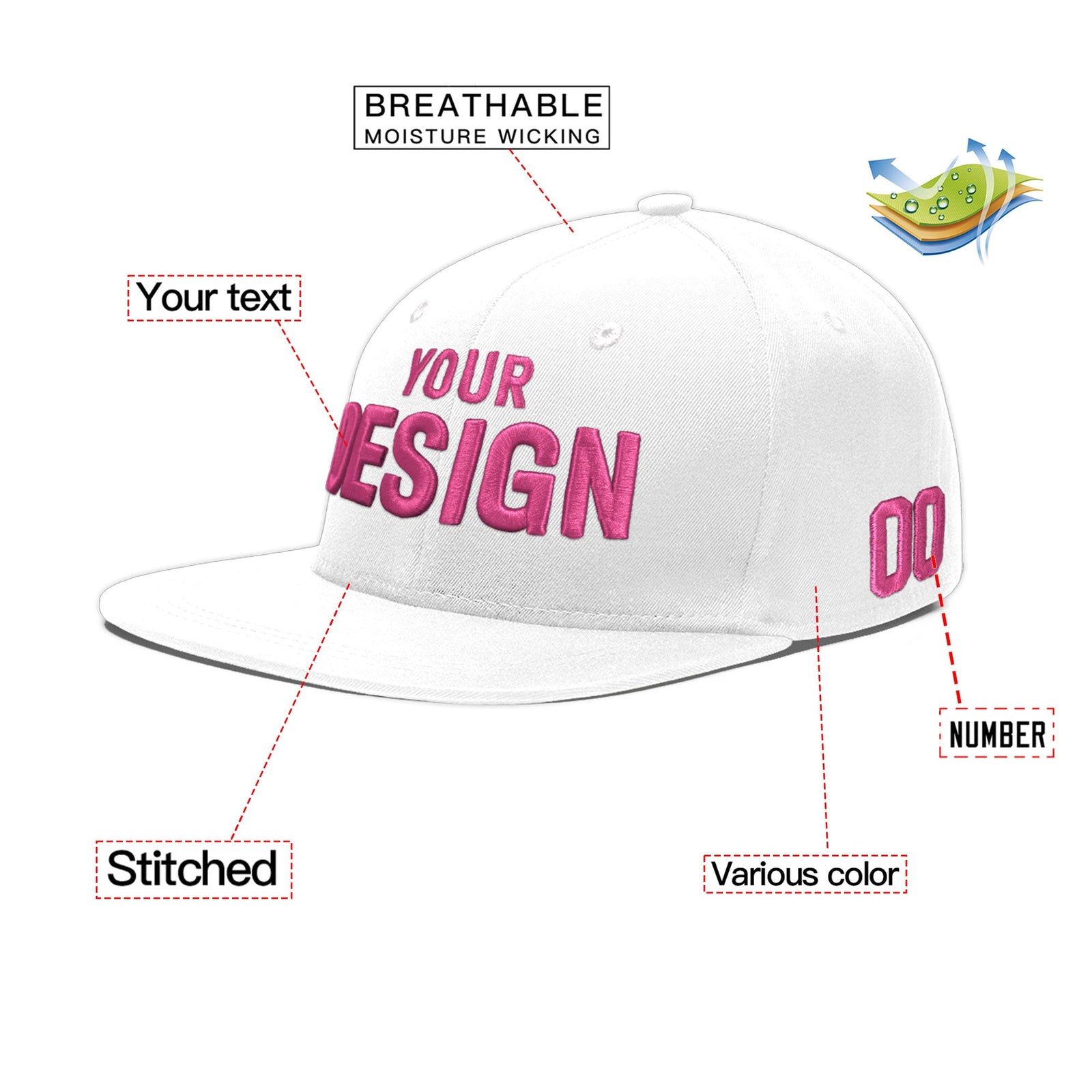 Custom White 3D Puff Embroidery Flat Embroidery Casual Sport Baseball Cap