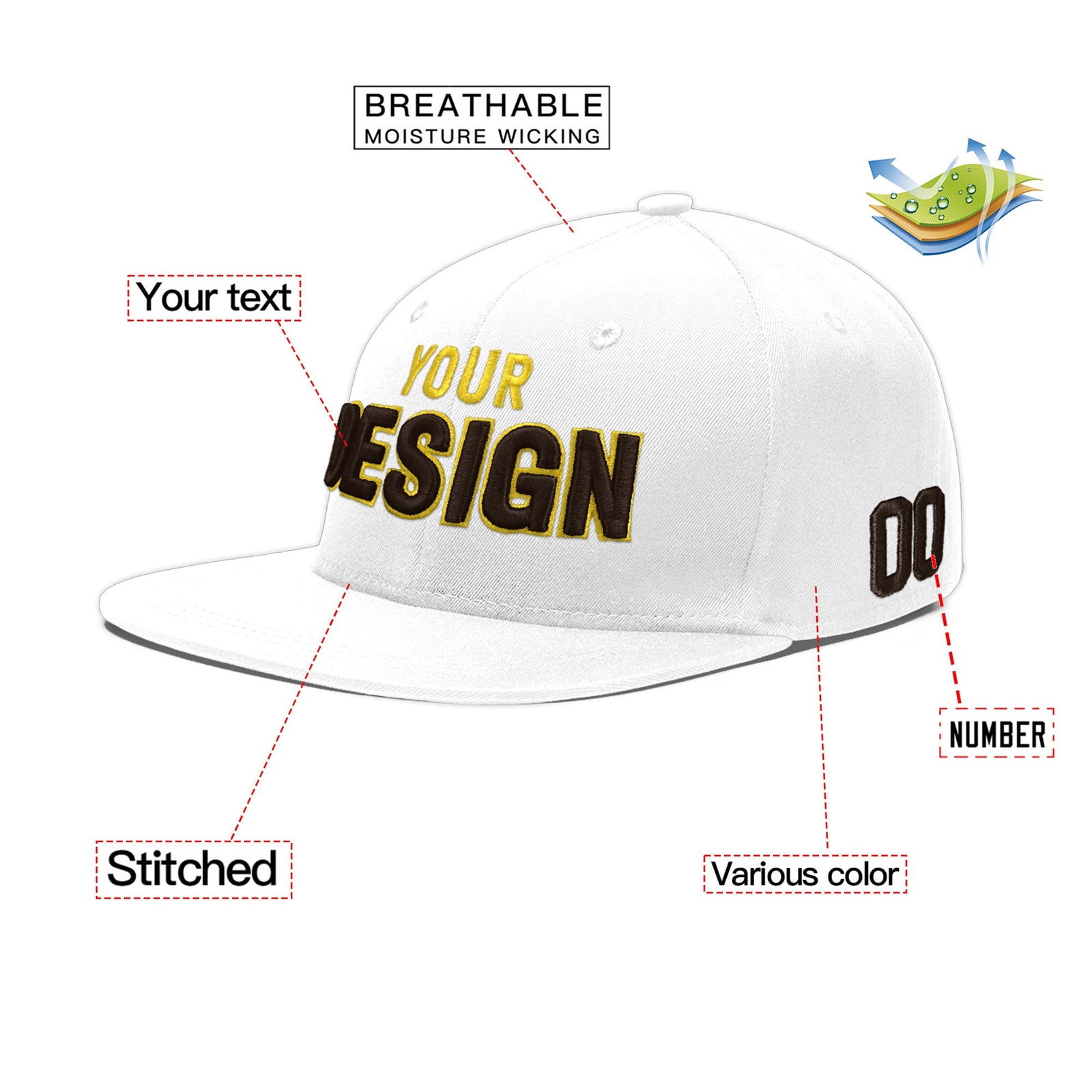 Custom White 3D Puff Embroidery Flat Embroidery Casual Sport Baseball Cap
