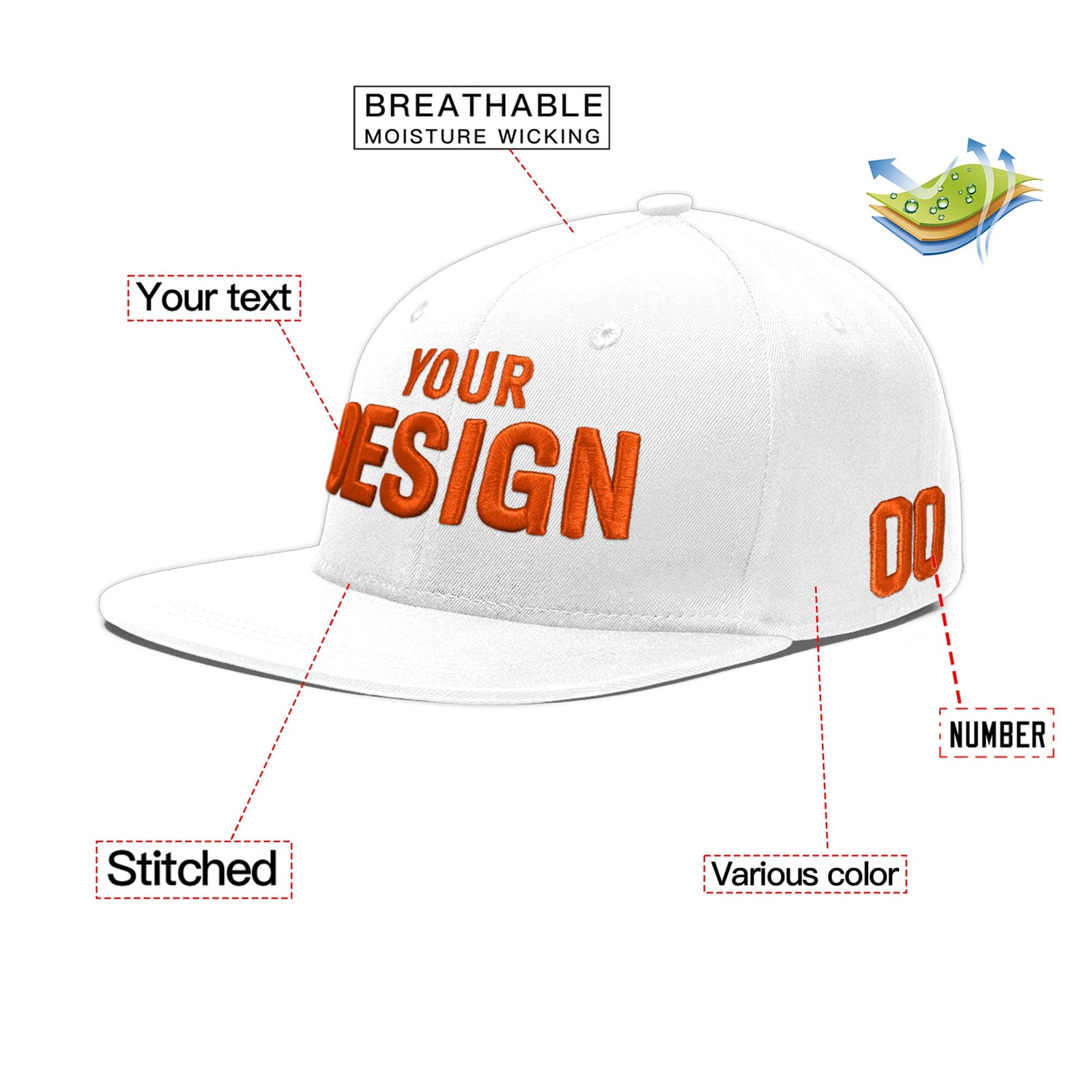 Custom White 3D Puff Embroidery Flat Embroidery Casual Sport Baseball Cap