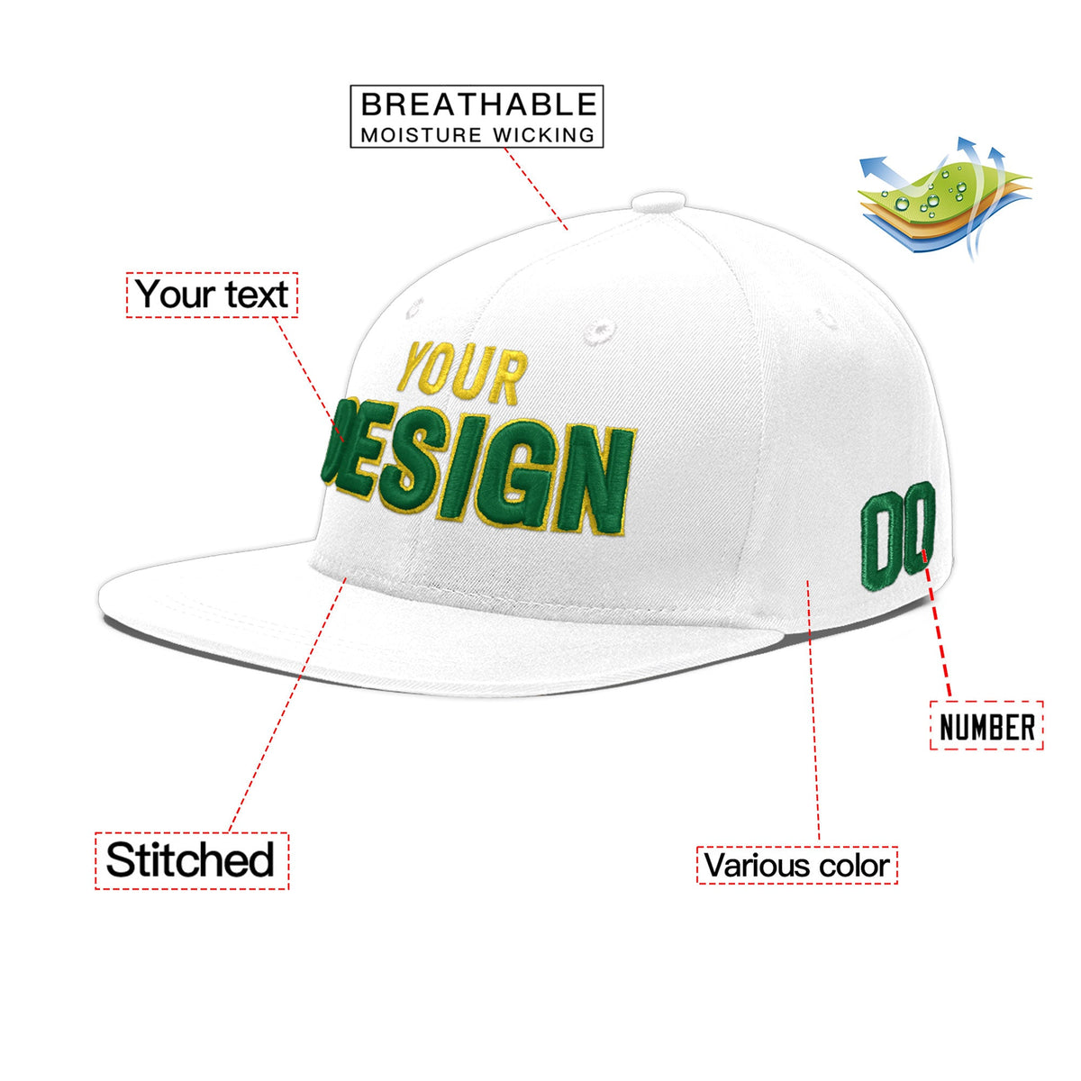 Custom White 3D Puff Embroidery Flat Embroidery Casual Sport Baseball Cap