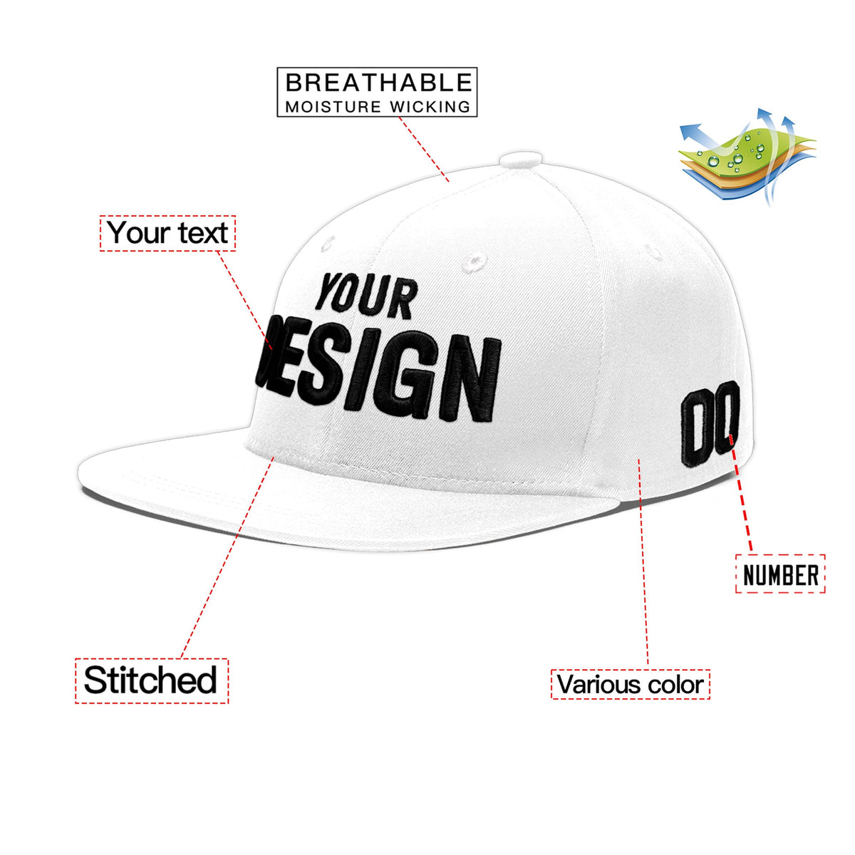 Custom White 3D Puff Embroidery Flat Embroidery Casual Sport Baseball Cap