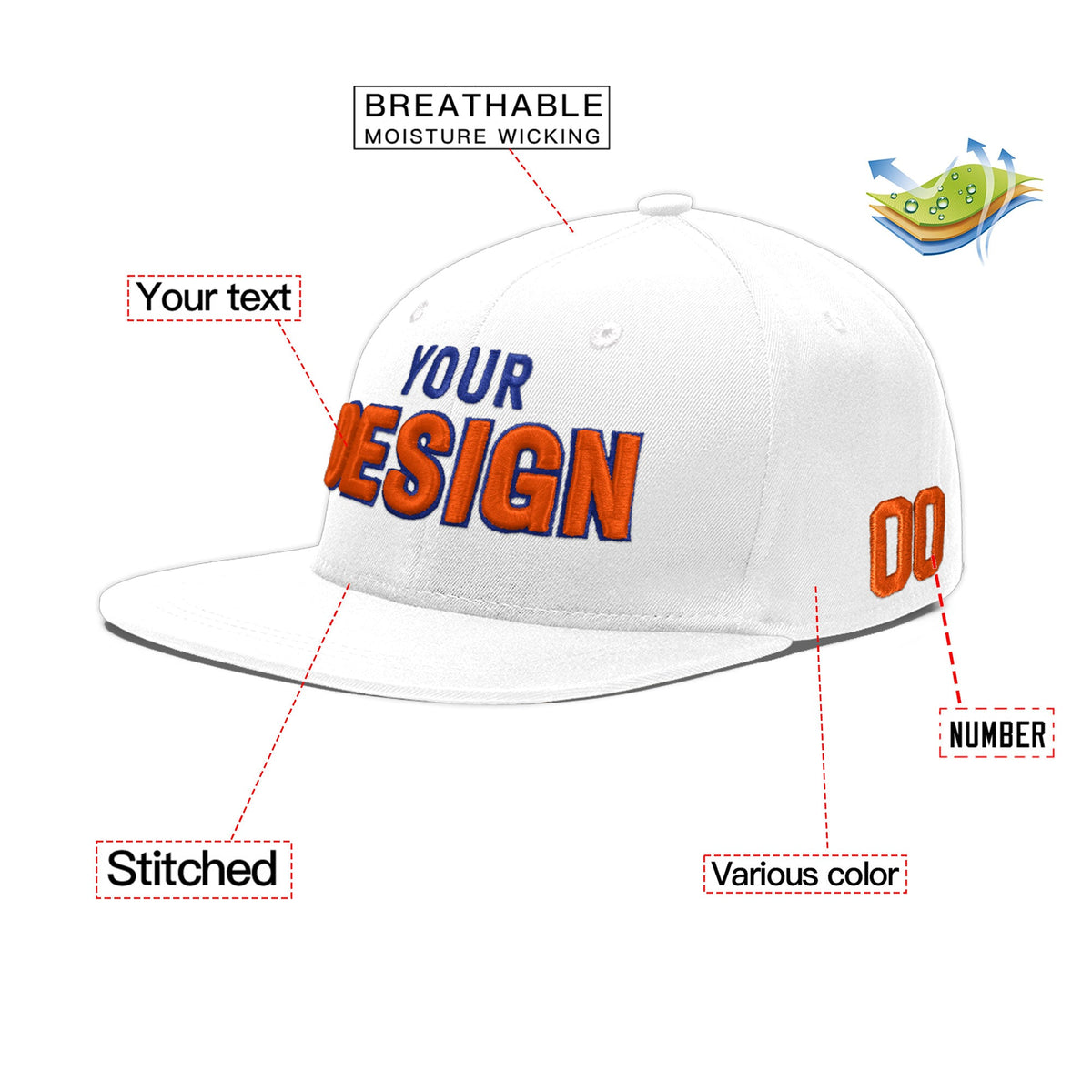 Custom White 3D Puff Embroidery Flat Embroidery Casual Sport Baseball Cap