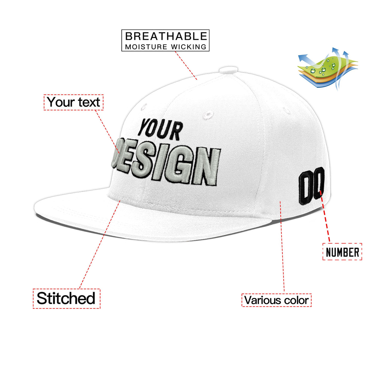 Custom White 3D Puff Embroidery Flat Embroidery Casual Sport Baseball Cap