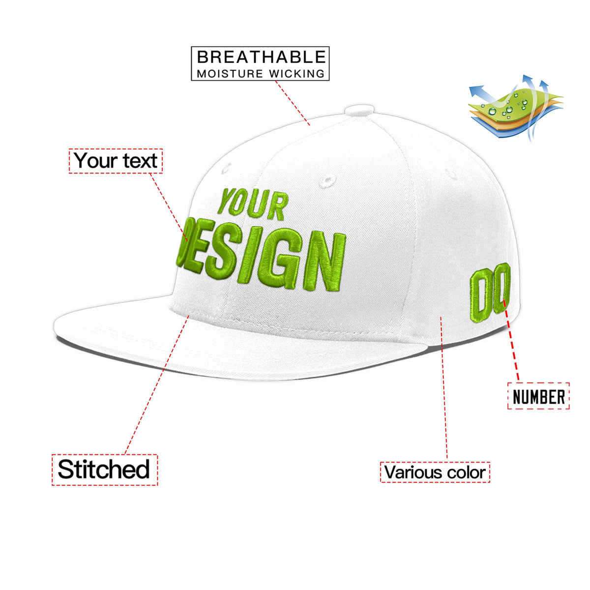Custom White 3D Puff Embroidery Flat Embroidery Casual Sport Baseball Cap