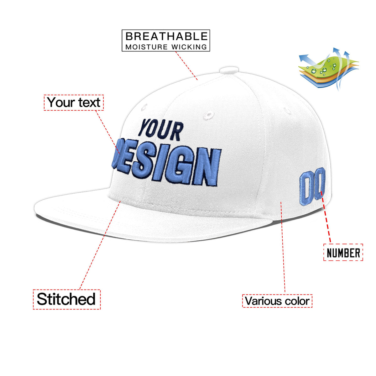 Custom White 3D Puff Embroidery Flat Embroidery Casual Sport Baseball Cap