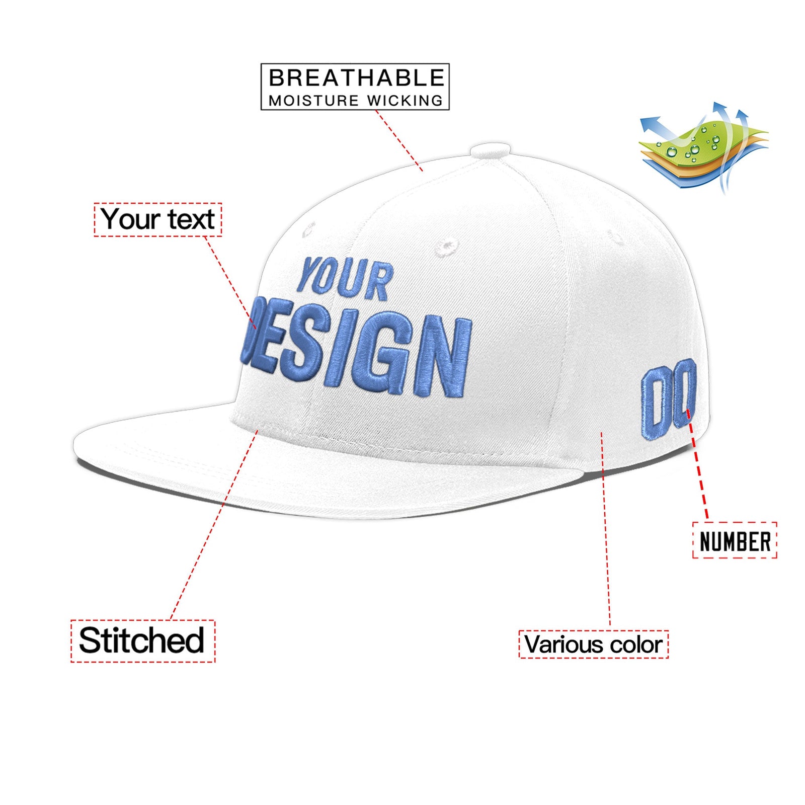 Custom White 3D Puff Embroidery Flat Embroidery Casual Sport Baseball Cap
