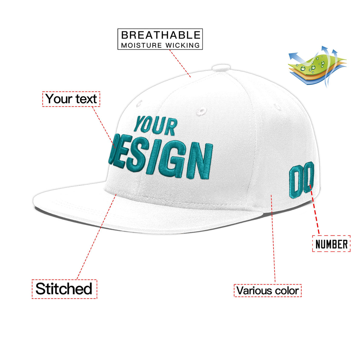 Custom White 3D Puff Embroidery Flat Embroidery Casual Sport Baseball Cap