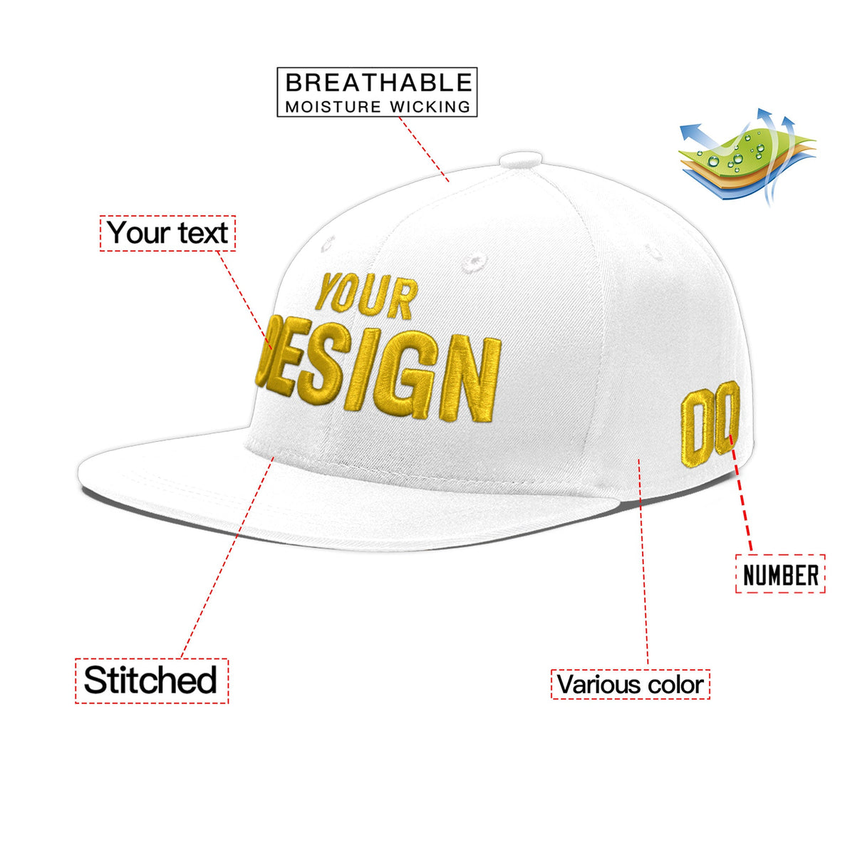 Custom White 3D Puff Embroidery Flat Embroidery Casual Sport Baseball Cap
