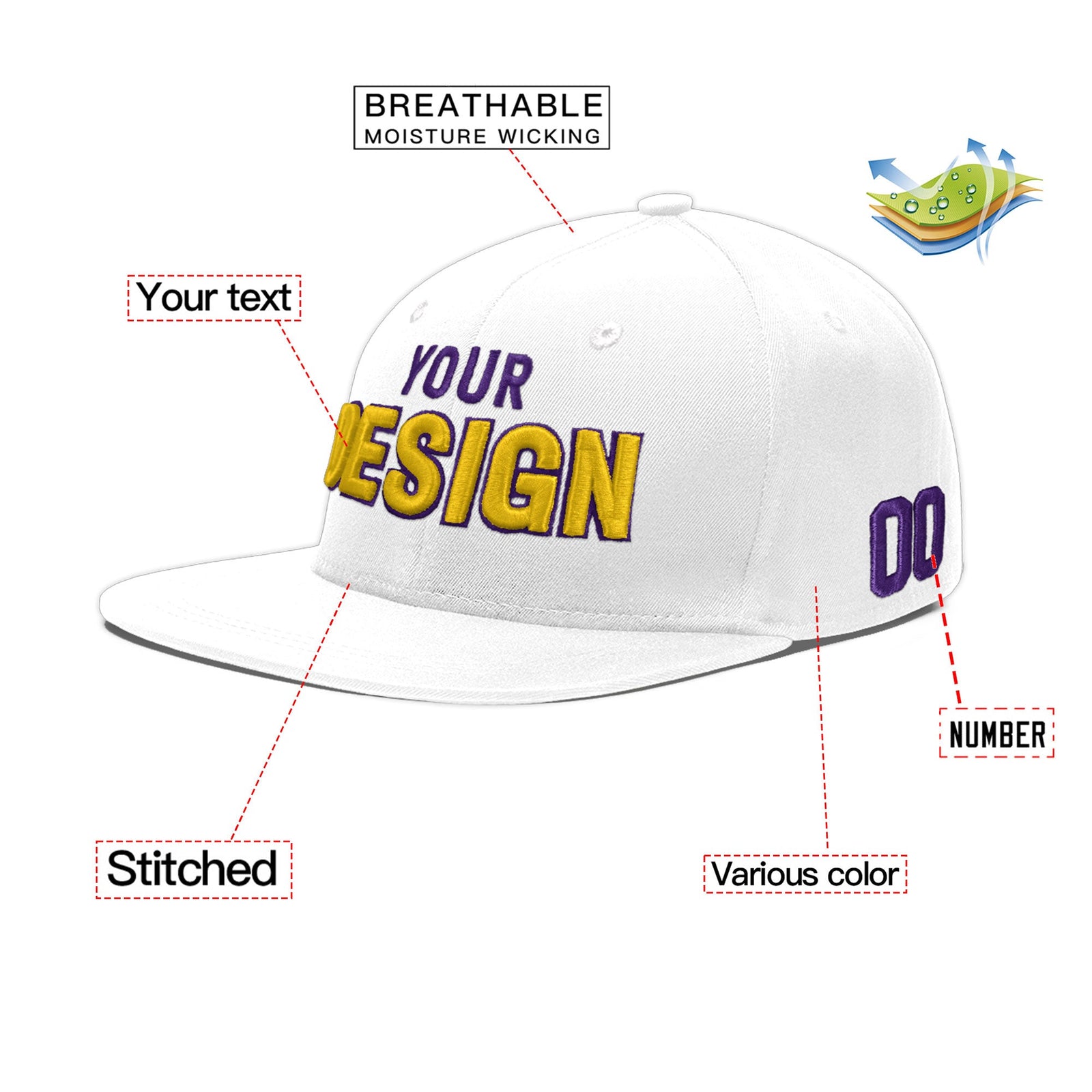 Custom White 3D Puff Embroidery Flat Embroidery Casual Sport Baseball Cap