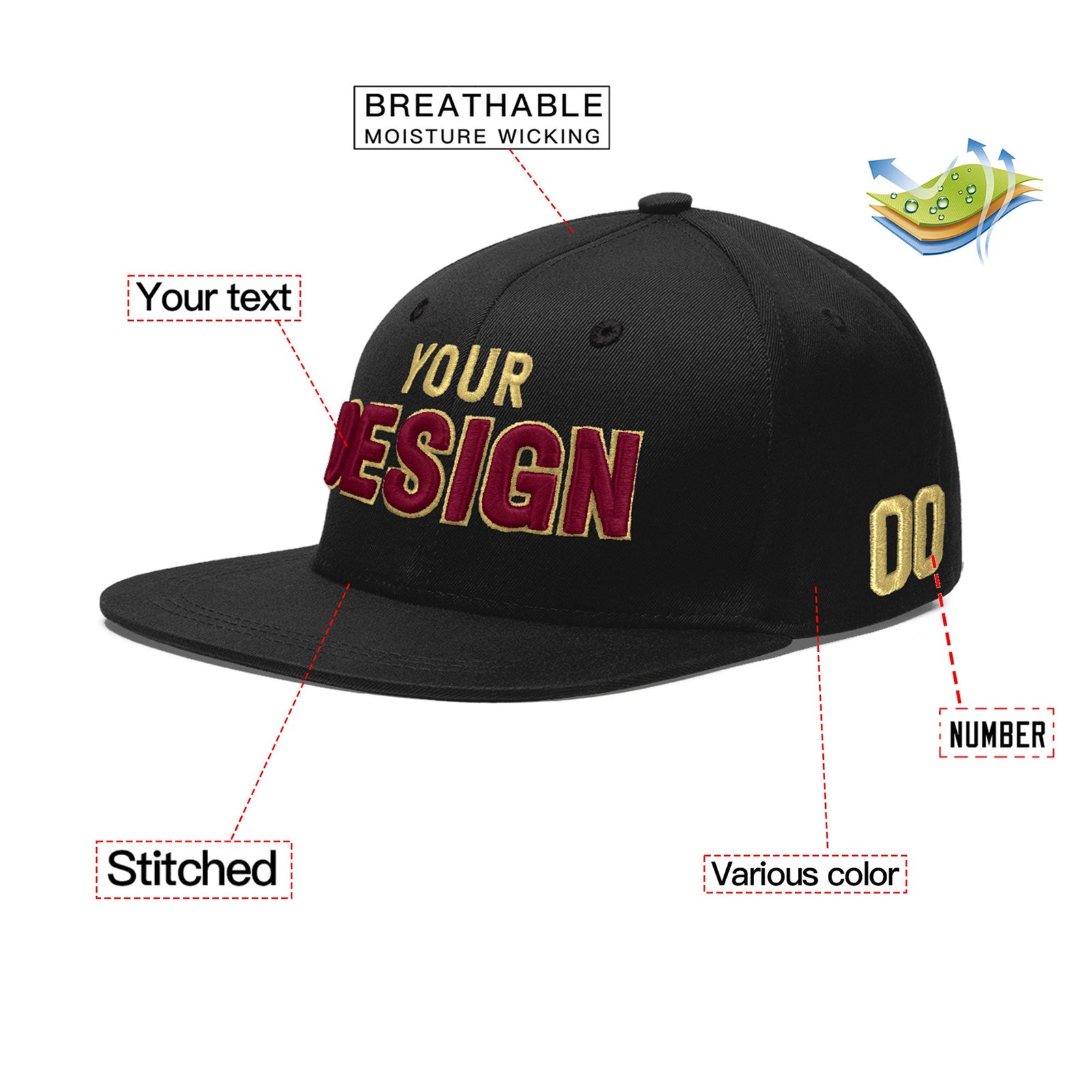 Custom Black 3D Puff Embroidery Flat Embroidery Casual Sport Baseball Cap