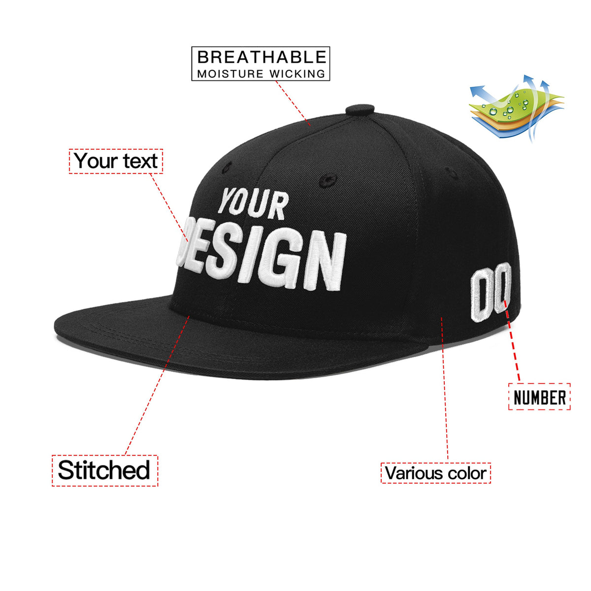 Custom Black 3D Puff Embroidery Flat Embroidery Casual Sport Baseball Cap