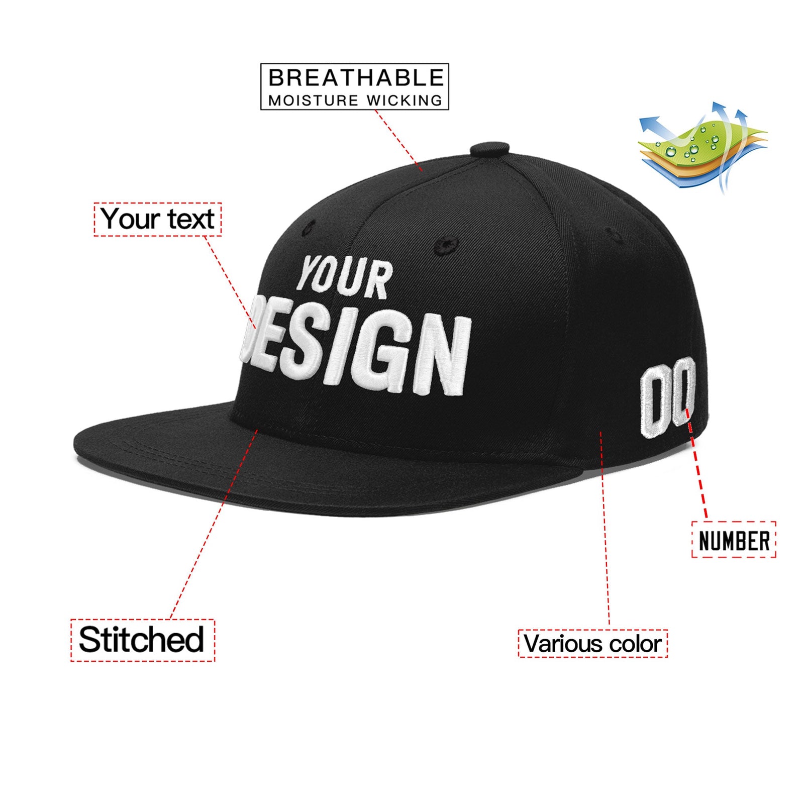Custom Black 3D Puff Embroidery Flat Embroidery Casual Sport Baseball Cap