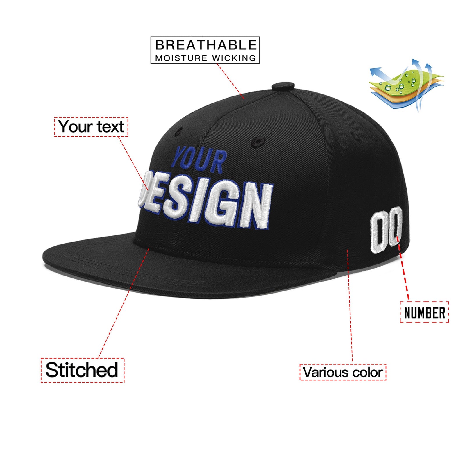 Custom Black 3D Puff Embroidery Flat Embroidery Casual Sport Baseball Cap
