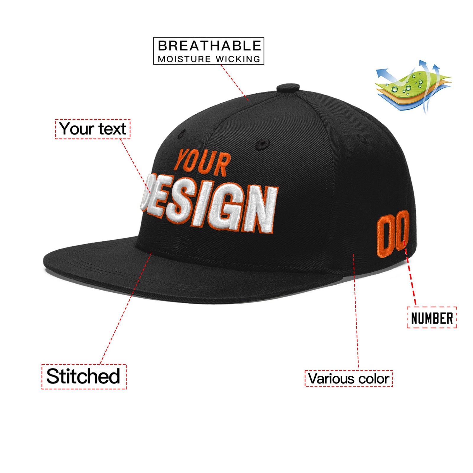 Custom Black 3D Puff Embroidery Flat Embroidery Casual Sport Baseball Cap