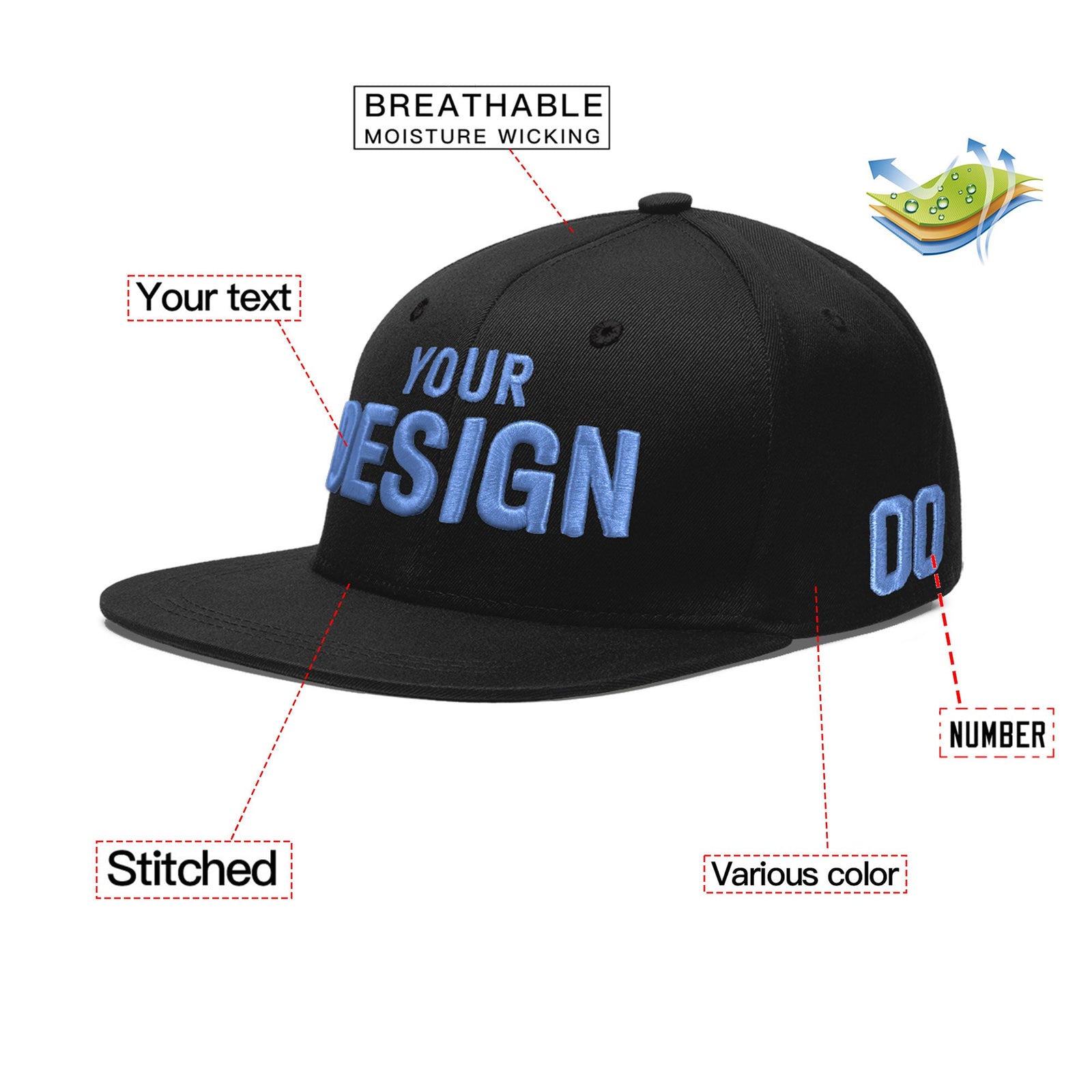 Custom Black 3D Puff Embroidery Flat Embroidery Casual Sport Baseball Cap