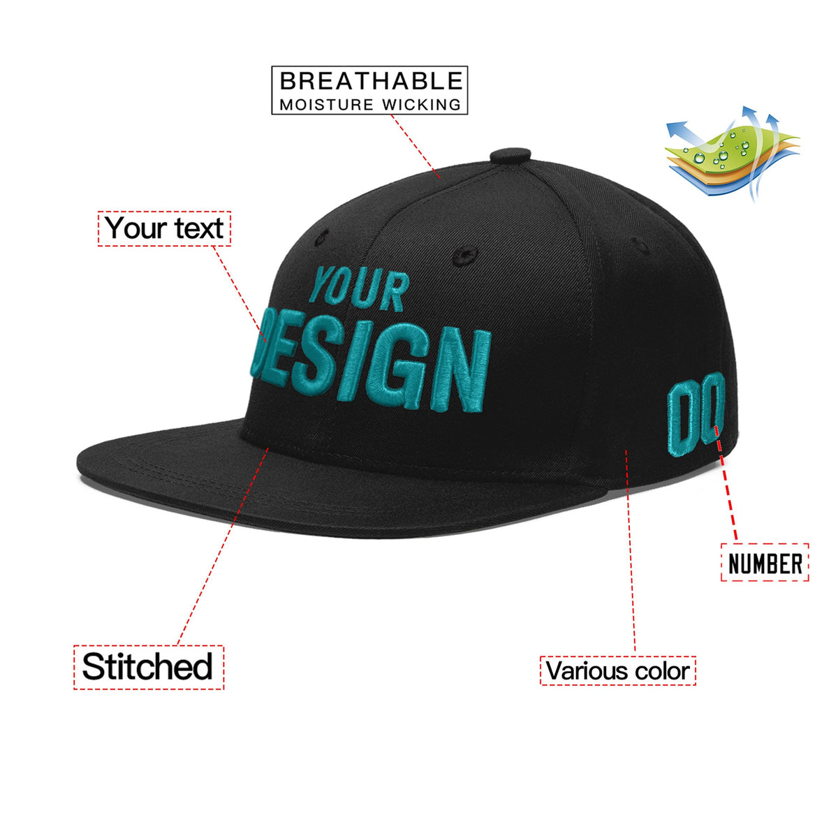 Custom Black 3D Puff Embroidery Flat Embroidery Casual Sport Baseball Cap