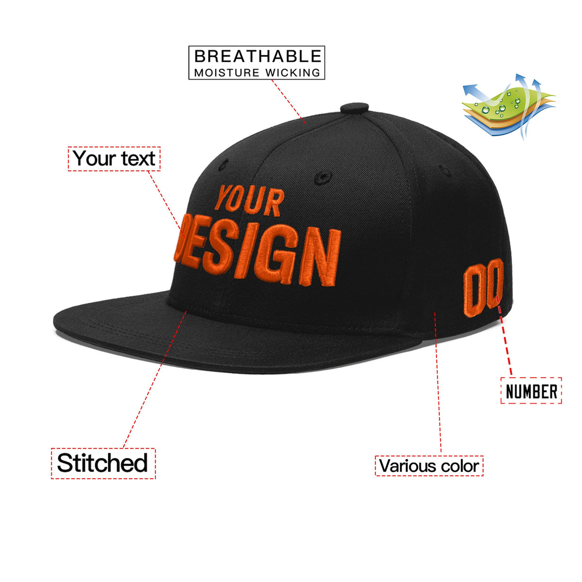 Custom Black 3D Puff Embroidery Flat Embroidery Casual Sport Baseball Cap