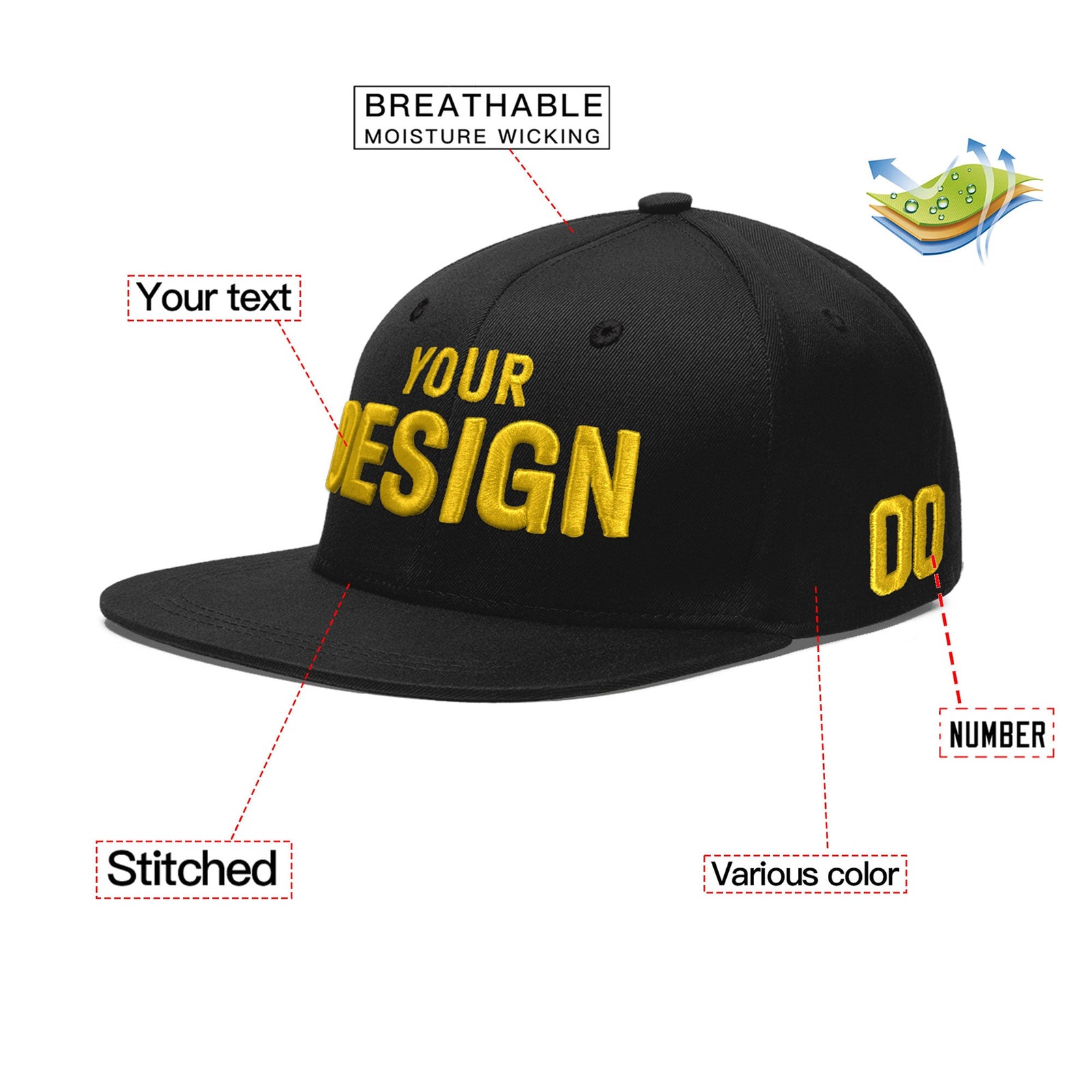 Custom Black 3D Puff Embroidery Flat Embroidery Casual Sport Baseball Cap