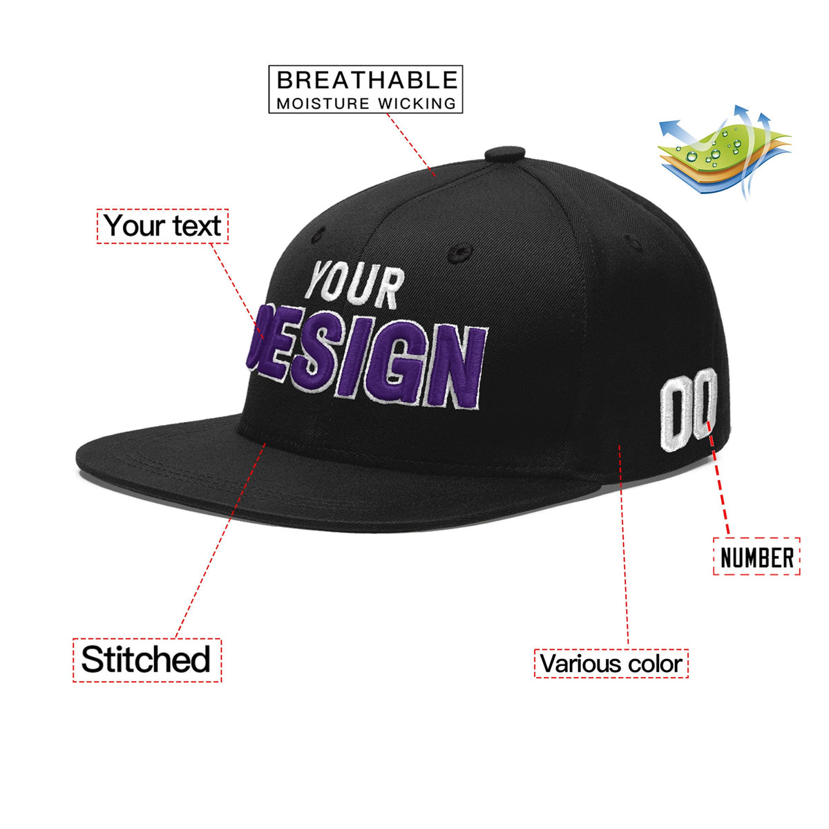 Custom Black 3D Puff Embroidery Flat Embroidery Casual Sport Baseball Cap