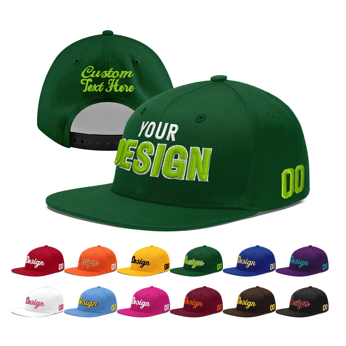 Custom Green 3D Puff Embroidery Flat Embroidery Casual Sport Baseball Cap