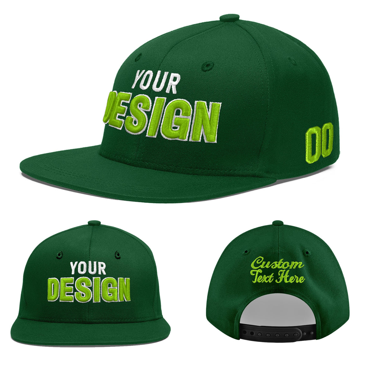 Custom Green 3D Puff Embroidery Flat Embroidery Casual Sport Baseball Cap
