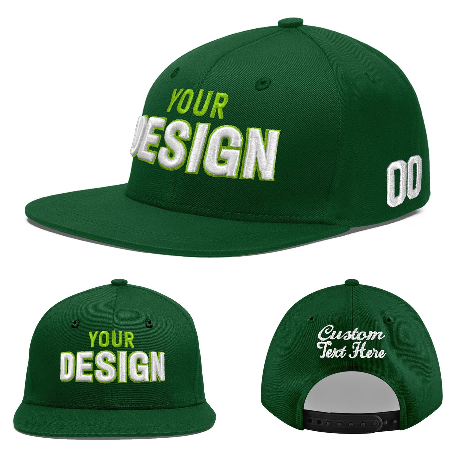 Custom Green 3D Puff Embroidery Flat Embroidery Casual Sport Baseball Cap