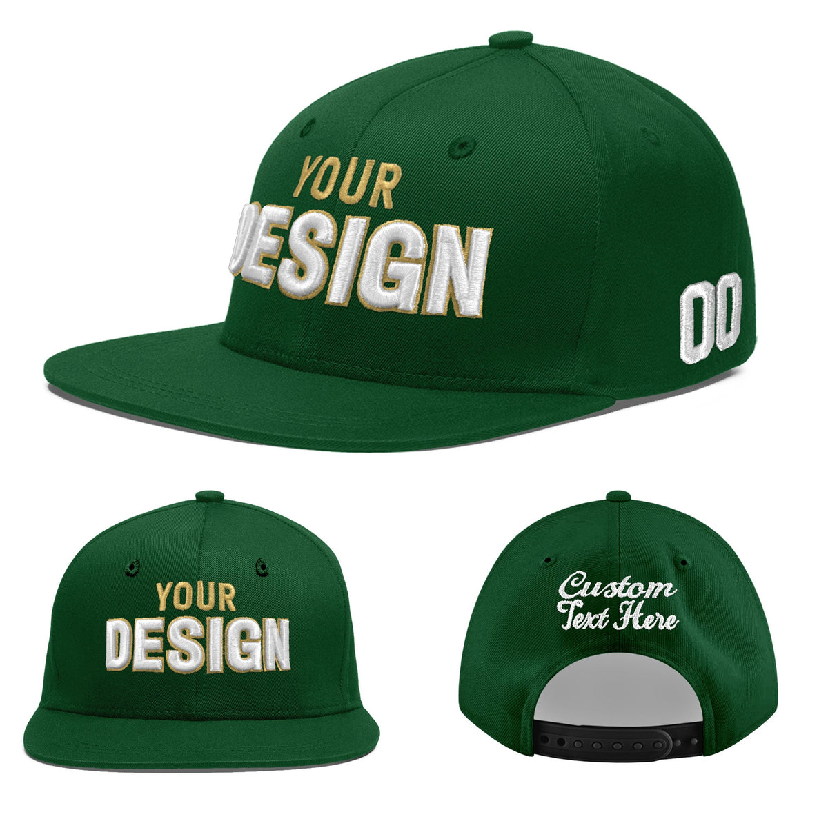 Custom Green 3D Puff Embroidery Flat Embroidery Casual Sport Baseball Cap