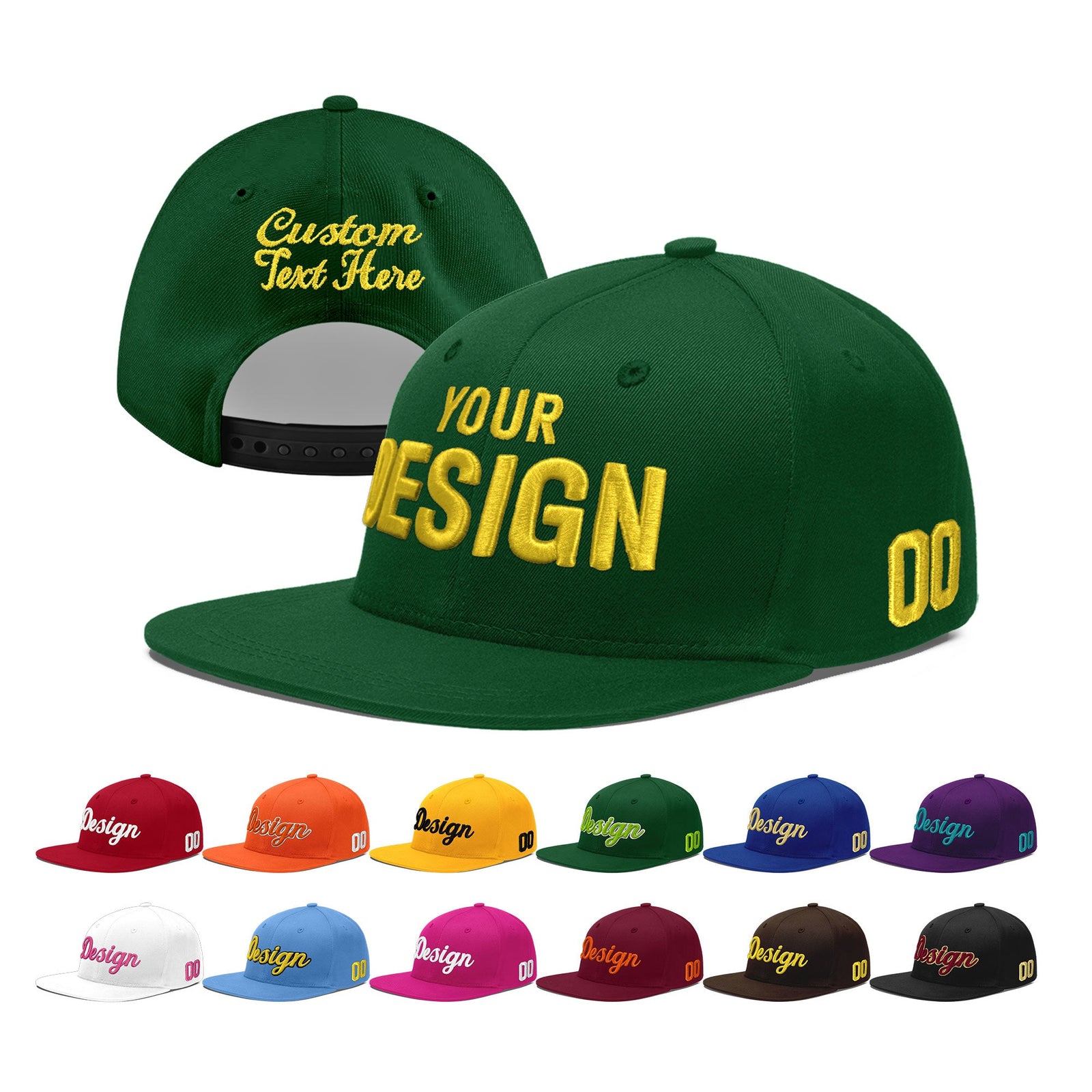 Custom Green 3D Puff Embroidery Flat Embroidery Casual Sport Baseball Cap